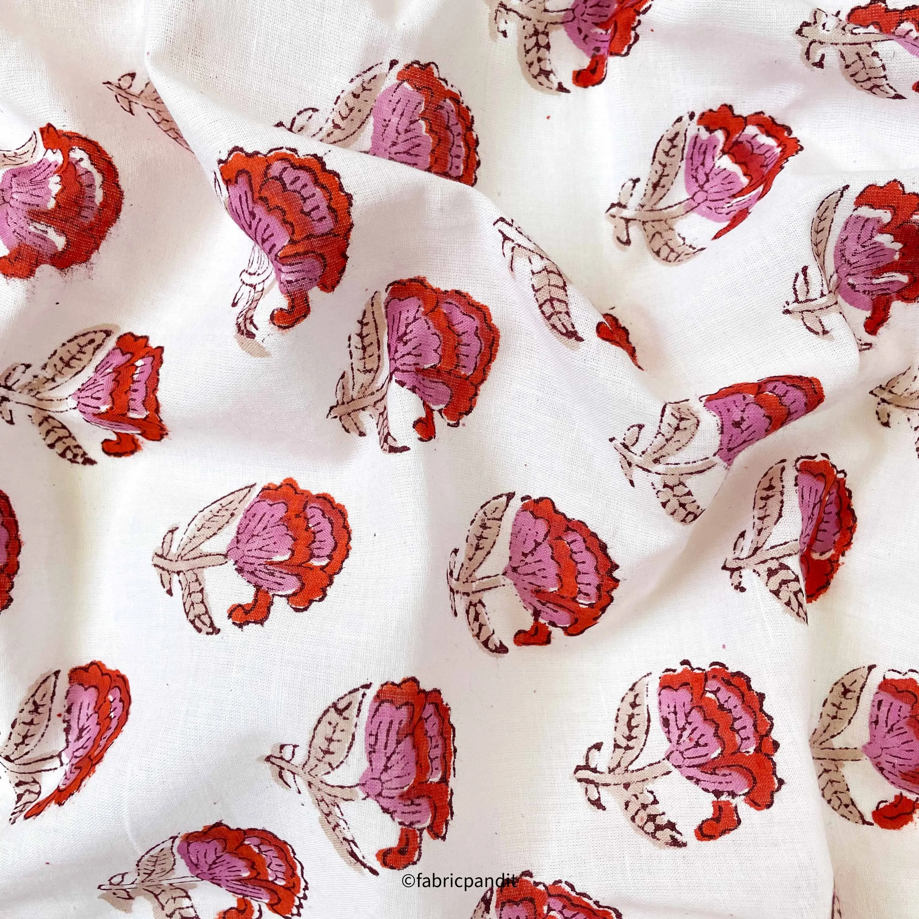 (CUT PIECE) Rose Pink & Red Mini Peonies All Over Hand Block Printed Pure Cotton Fabric (Width 42 inches)