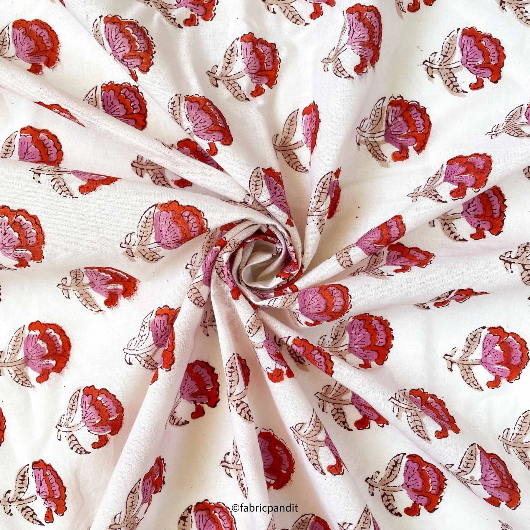 (CUT PIECE) Rose Pink & Red Mini Peonies All Over Hand Block Printed Pure Cotton Fabric (Width 42 inches)