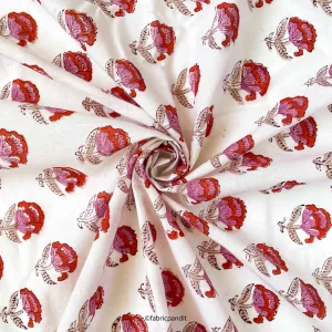 (CUT PIECE) Rose Pink & Red Mini Peonies All Over Hand Block Printed Pure Cotton Fabric (Width 42 inches)