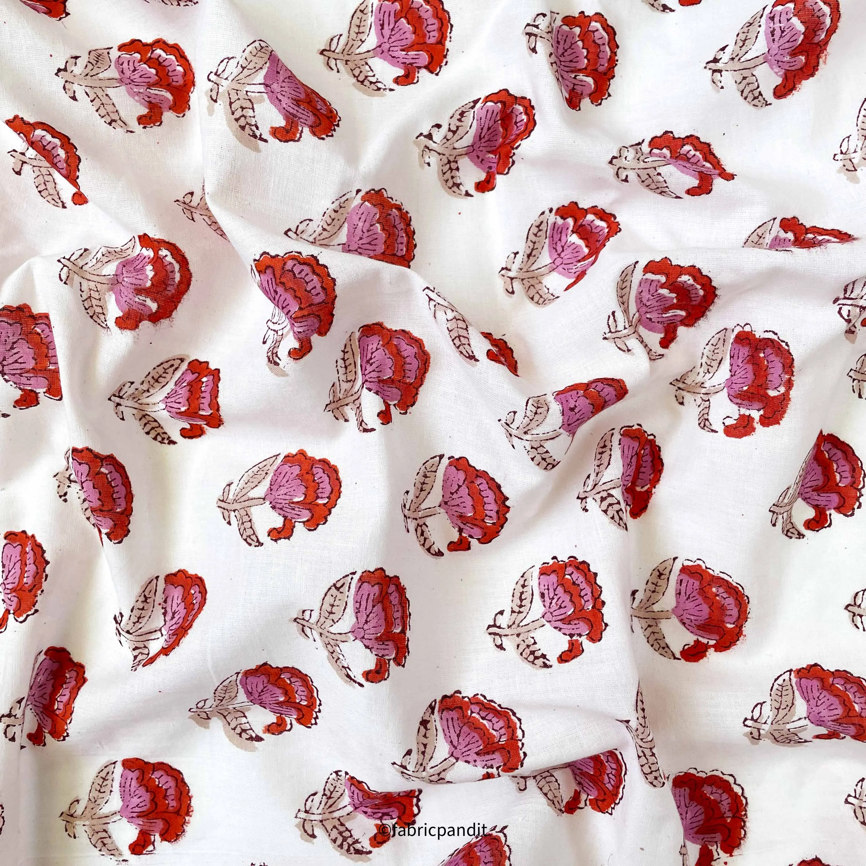 (CUT PIECE) Rose Pink & Red Mini Peonies All Over Hand Block Printed Pure Cotton Fabric (Width 42 inches)