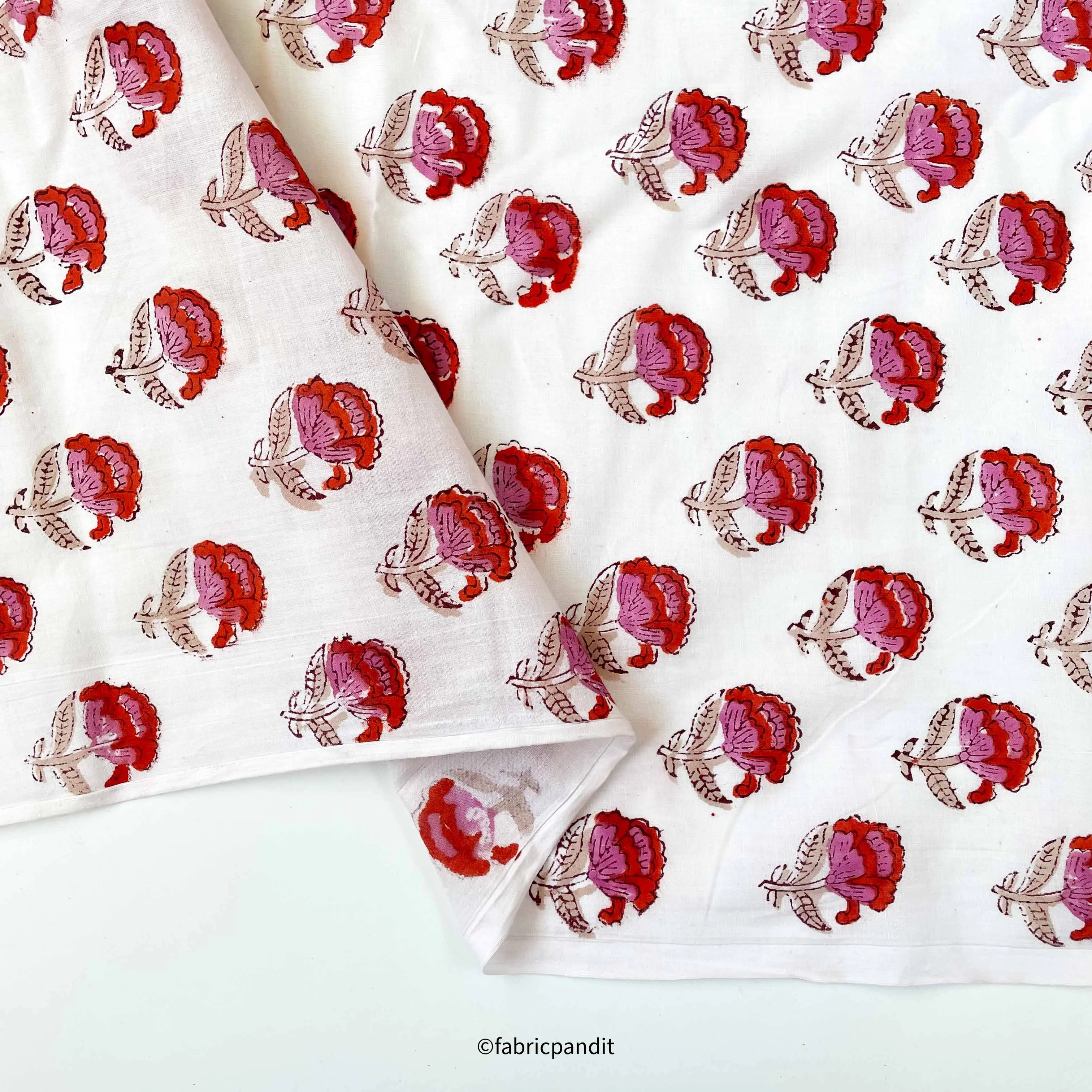 (CUT PIECE) Rose Pink & Red Mini Peonies All Over Hand Block Printed Pure Cotton Fabric (Width 42 inches)