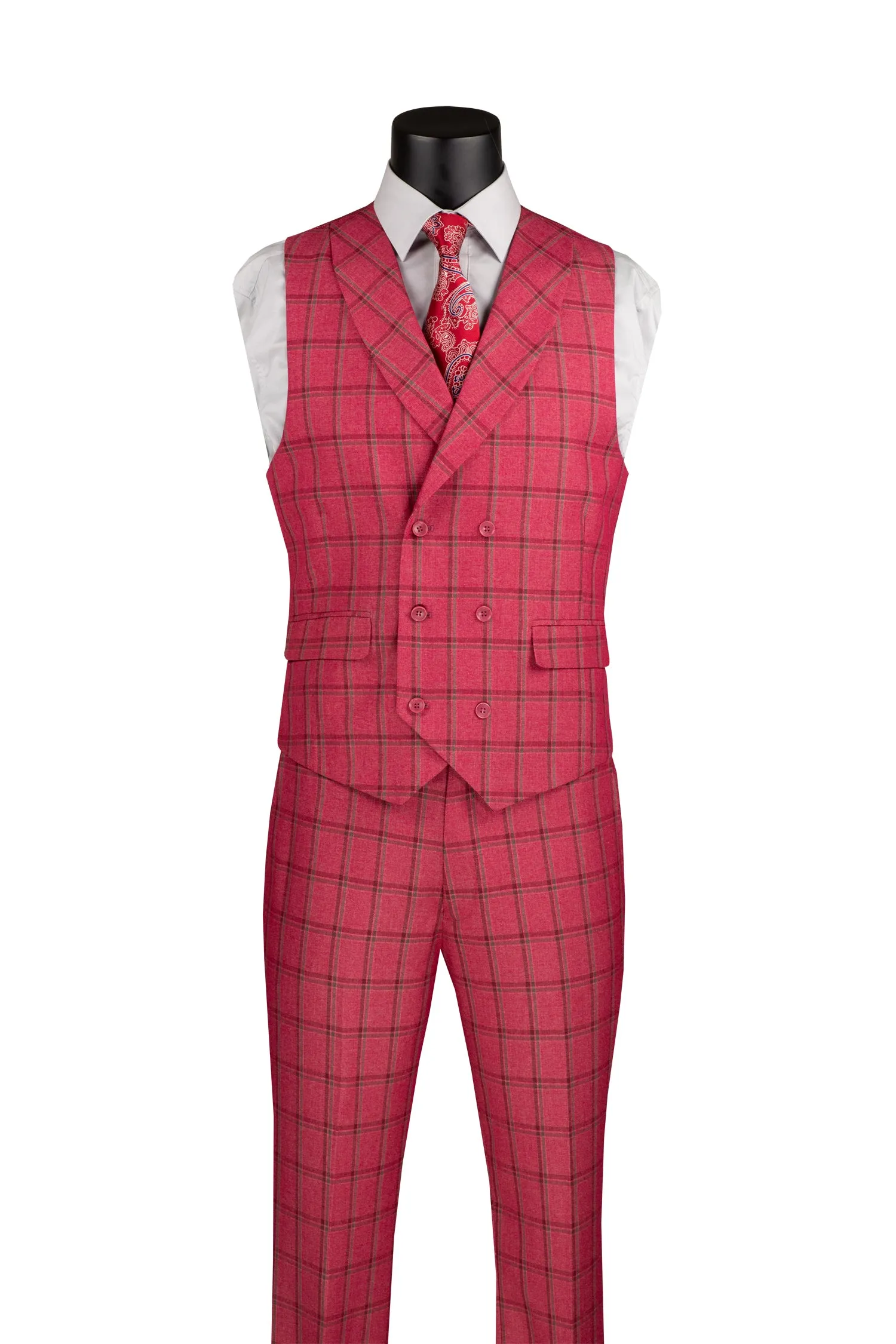 Diamond Collection Modern Fit Windowpane Suit 3 Piece in Raspberry