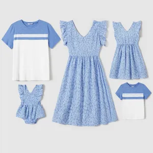 Family Matching Flutter Sleeveless Dress and Shirts Sets