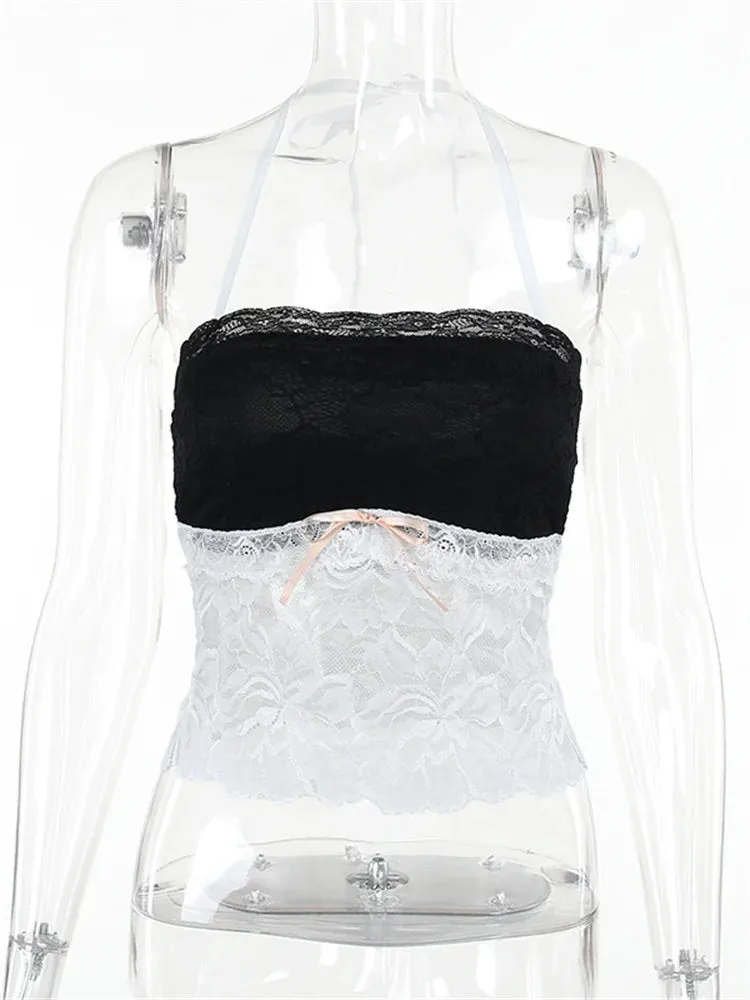 FashionSierra - 2024 Lace Patchwork Tank Top Tie-Up Halter Off Shoulder Backless Mini Vest Summer Sleeveless Streetwear  Crop Tops
