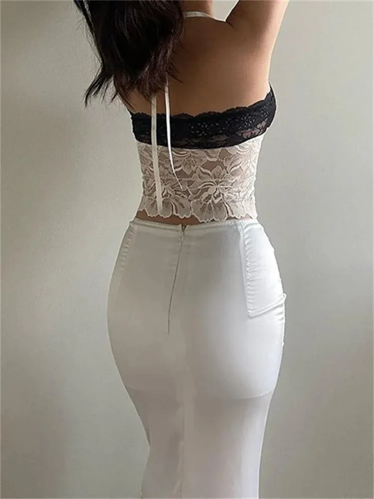 FashionSierra - 2024 Lace Patchwork Tank Top Tie-Up Halter Off Shoulder Backless Mini Vest Summer Sleeveless Streetwear  Crop Tops