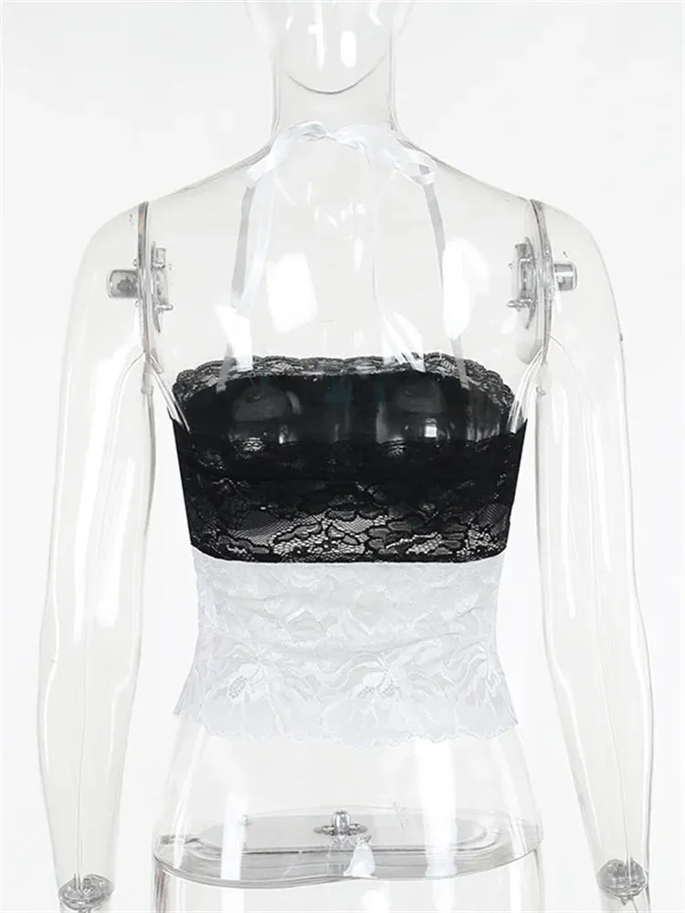FashionSierra - 2024 Lace Patchwork Tank Top Tie-Up Halter Off Shoulder Backless Mini Vest Summer Sleeveless Streetwear  Crop Tops