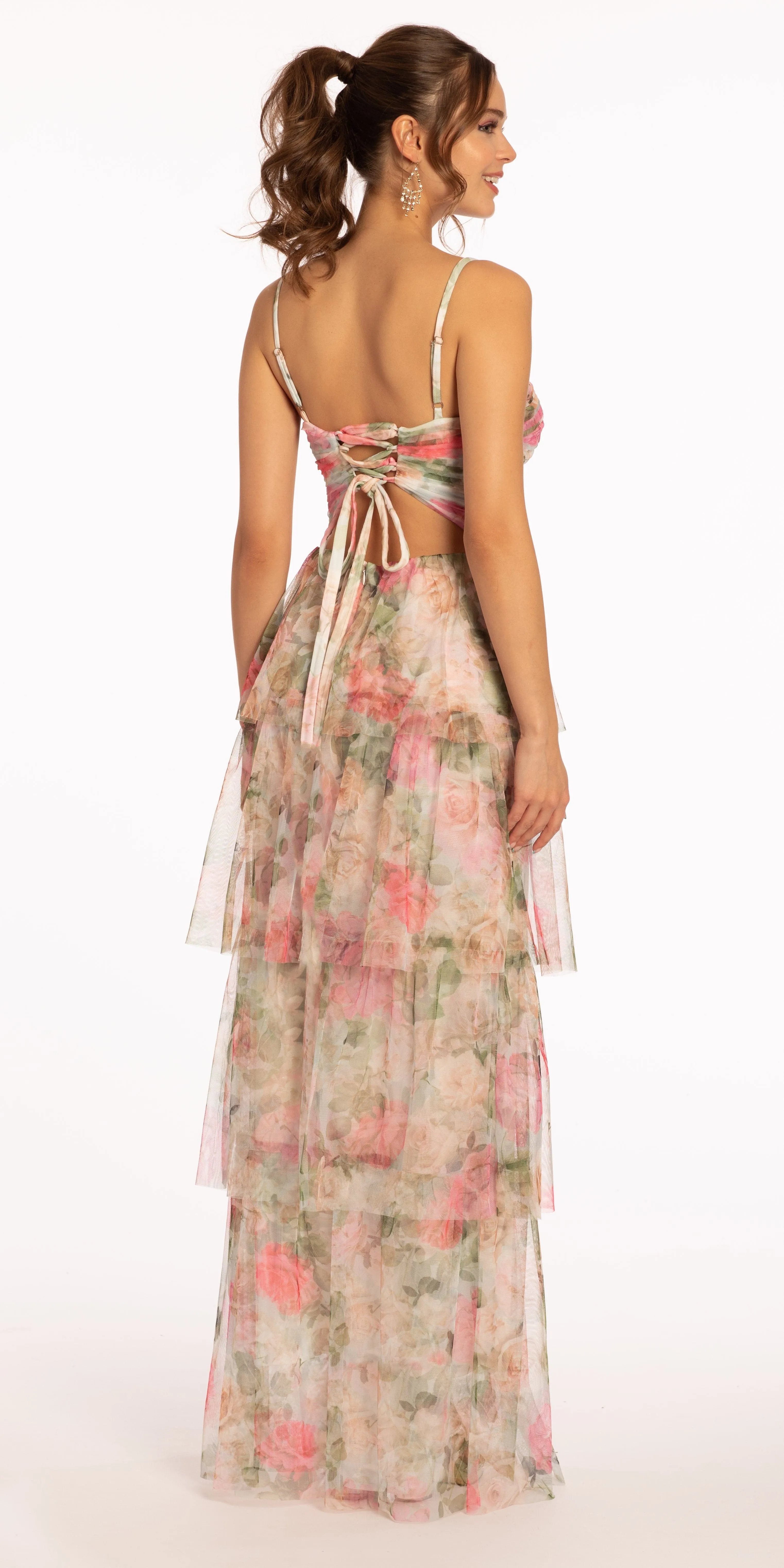 Floral Mesh Sweetheart Tiered Dress with Keyhole