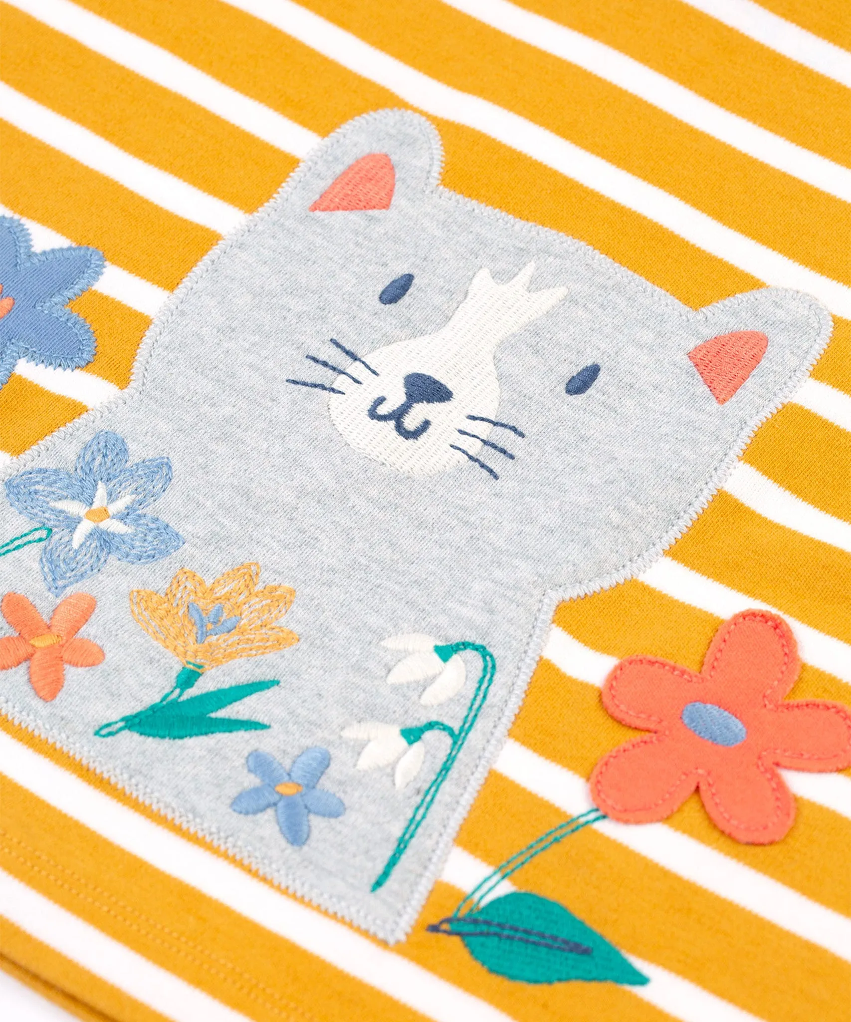 Frugi Tori Applique Top - Gold Breton Stripe/Cat