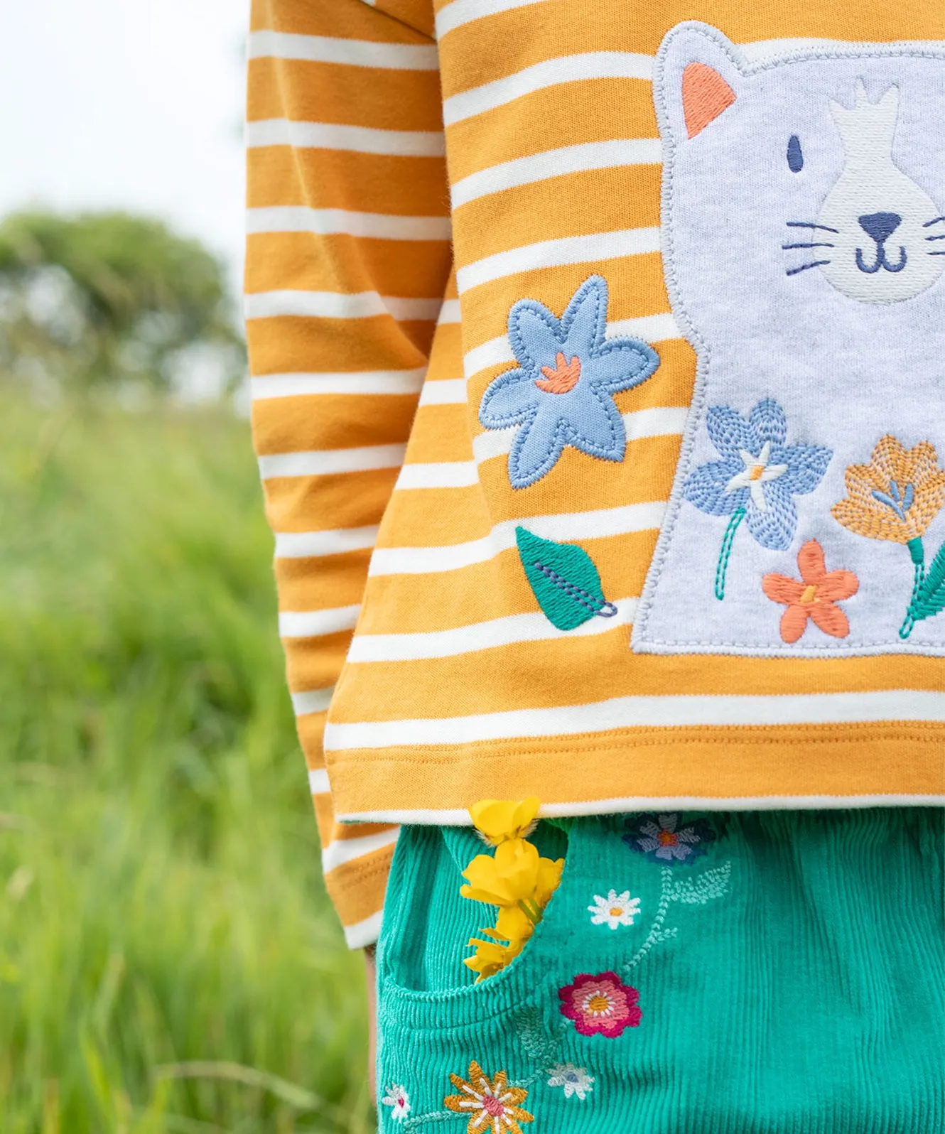 Frugi Tori Applique Top - Gold Breton Stripe/Cat