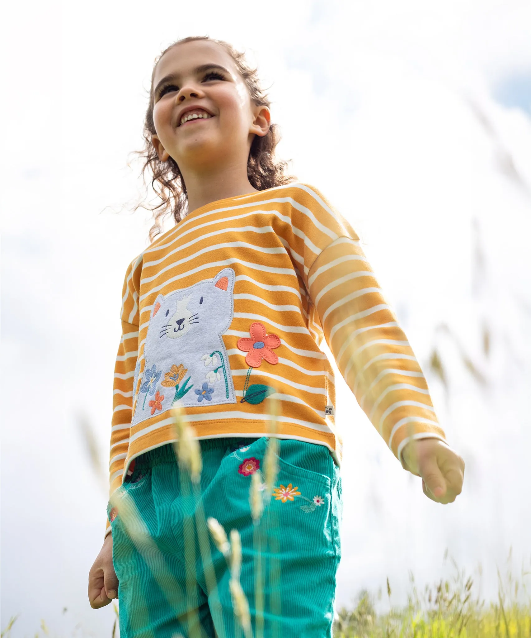 Frugi Tori Applique Top - Gold Breton Stripe/Cat