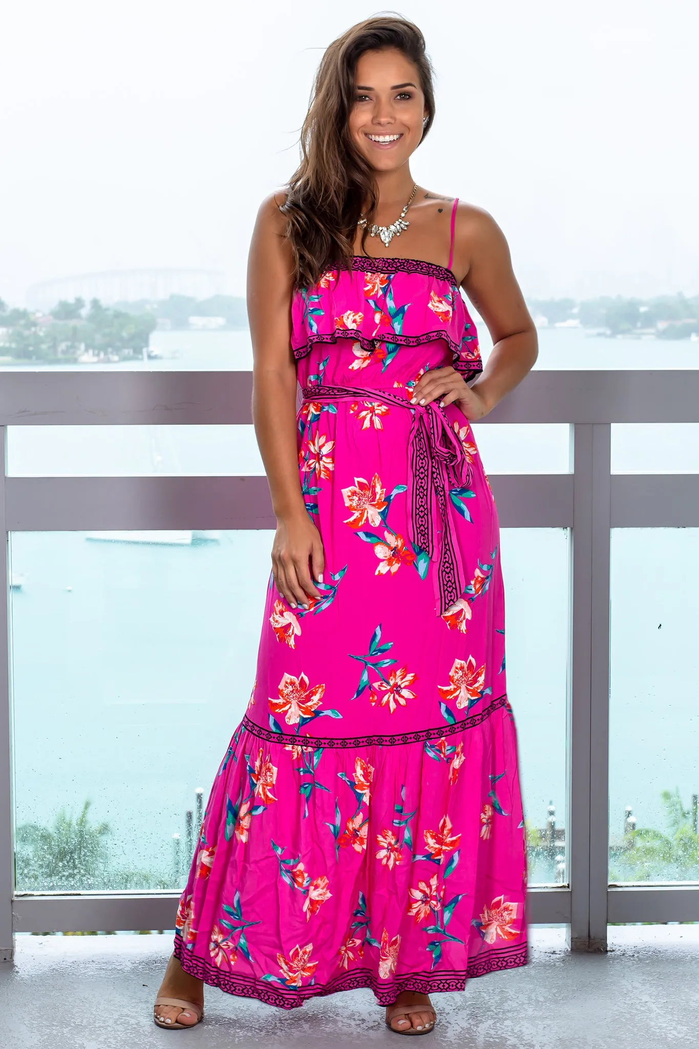 Fuchsia Floral Maxi Dress with Tie Waist