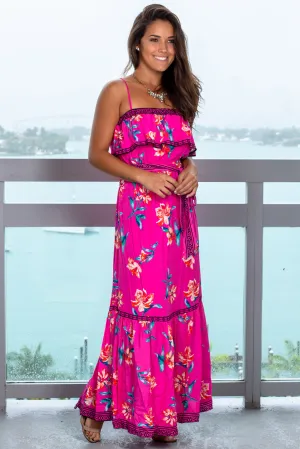 Fuchsia Floral Maxi Dress with Tie Waist