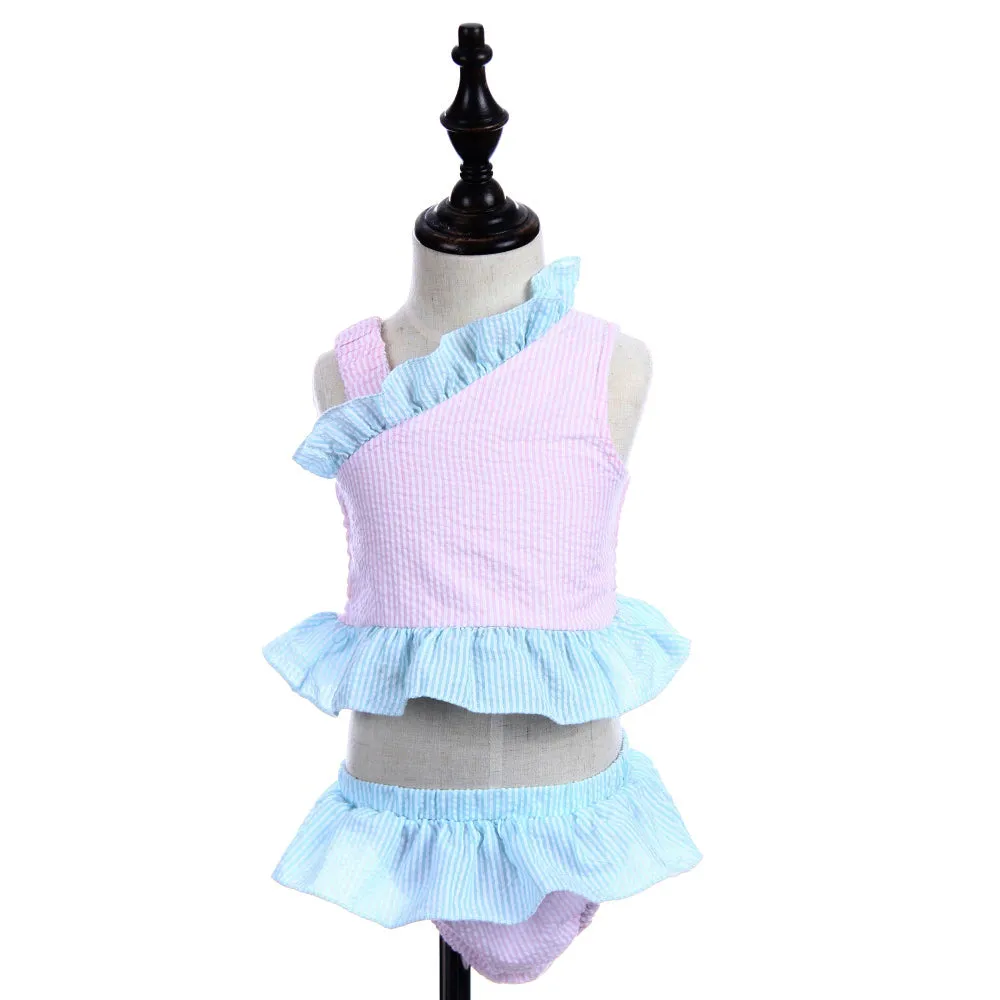 Girls Swimsuit - Seersucker - 2 Piece Cross Shoulder