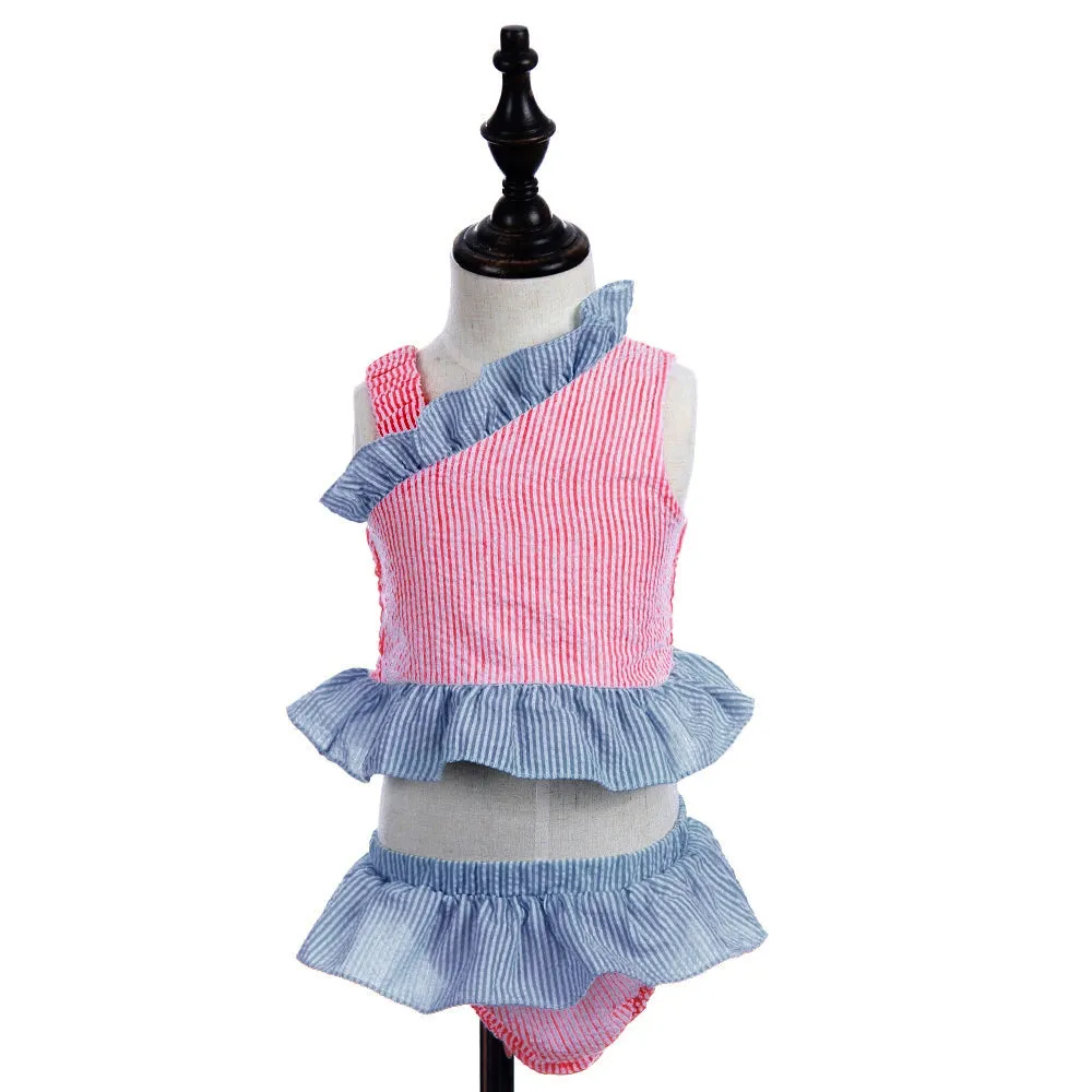 Girls Swimsuit - Seersucker - 2 Piece Cross Shoulder