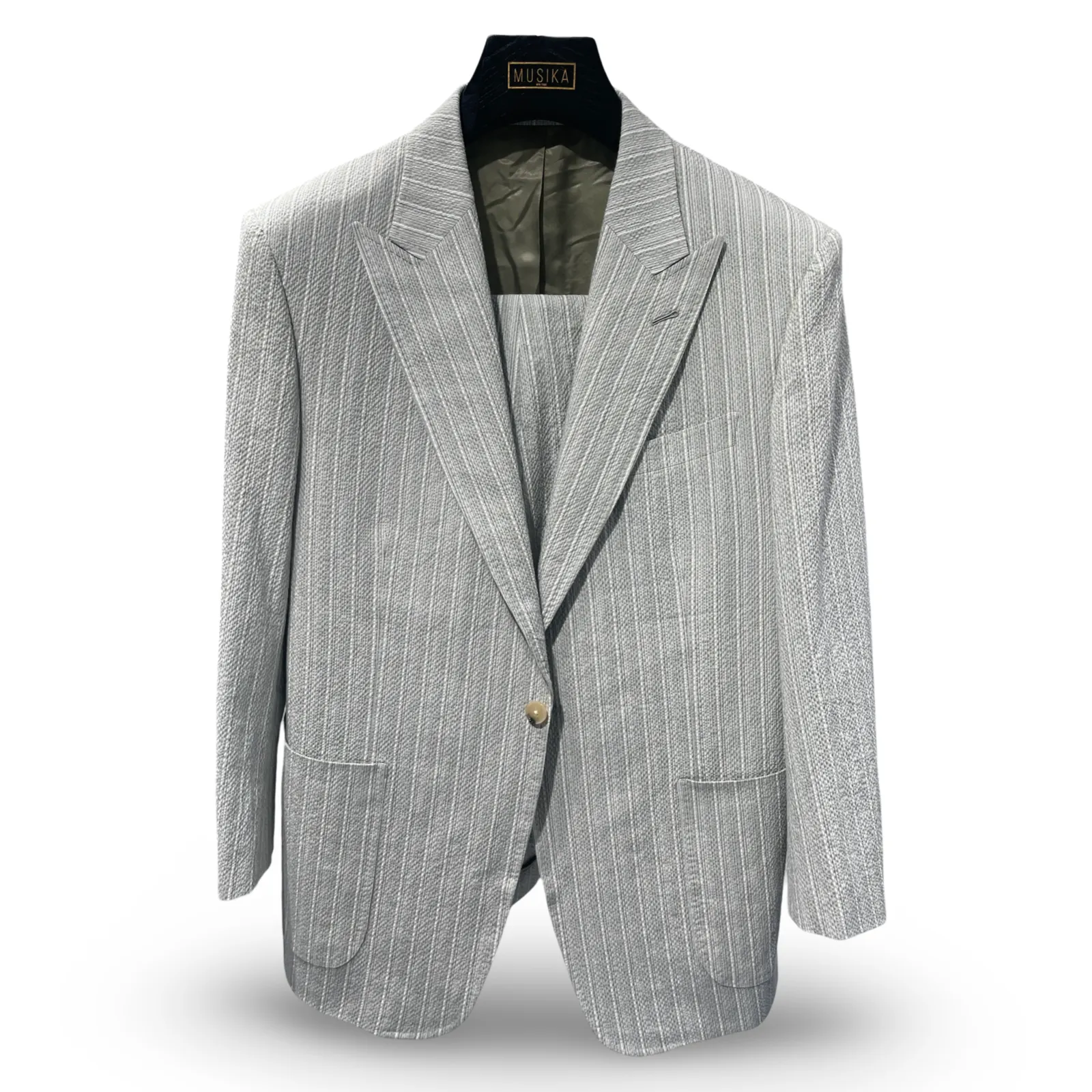 Green White Stripe Italian Imported Seersucker Stretch Fabric "Benton Peak Lapels" 1B Suit