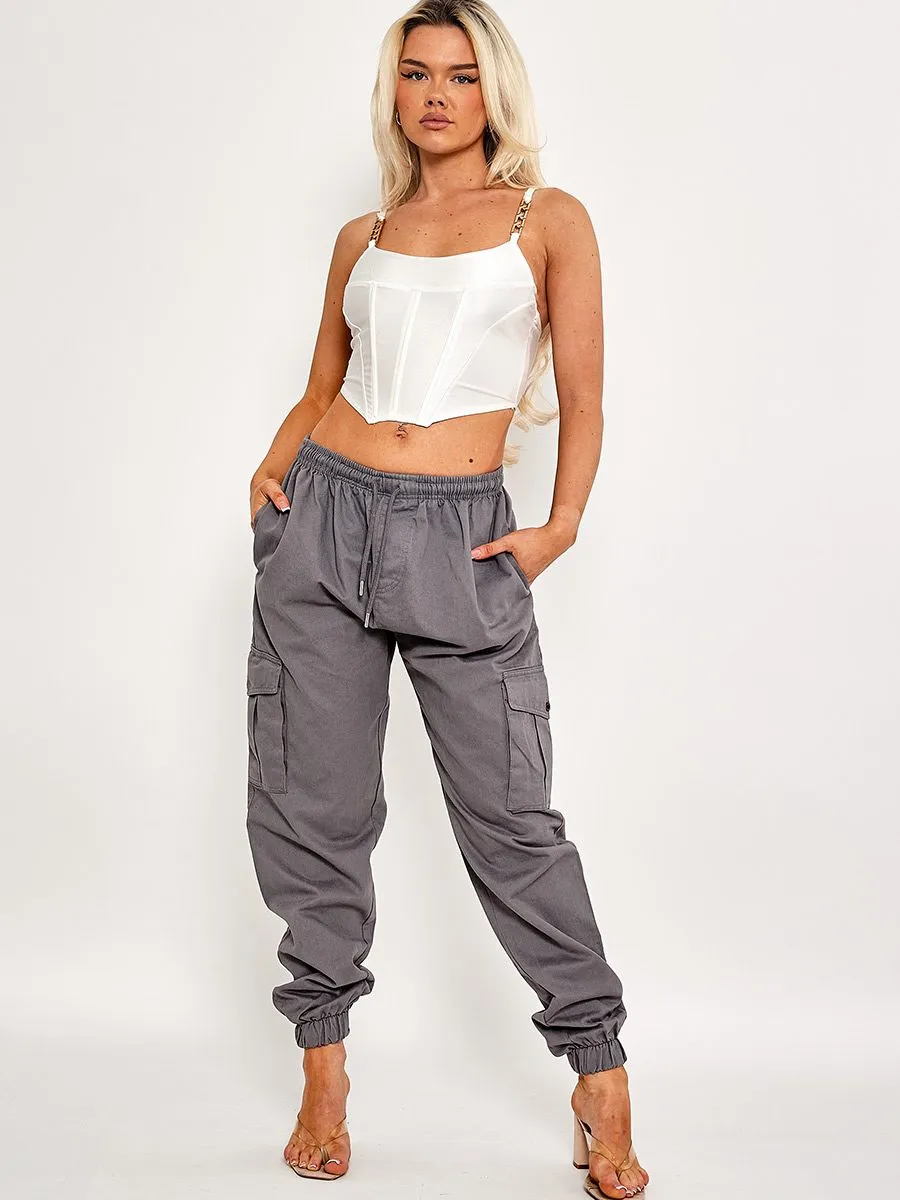 Jackie Chain Strap Corset Style Satin Crop Top In Cream