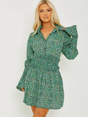 Lilly Ditsy Floral Shirred Shirt Style Dress In Green