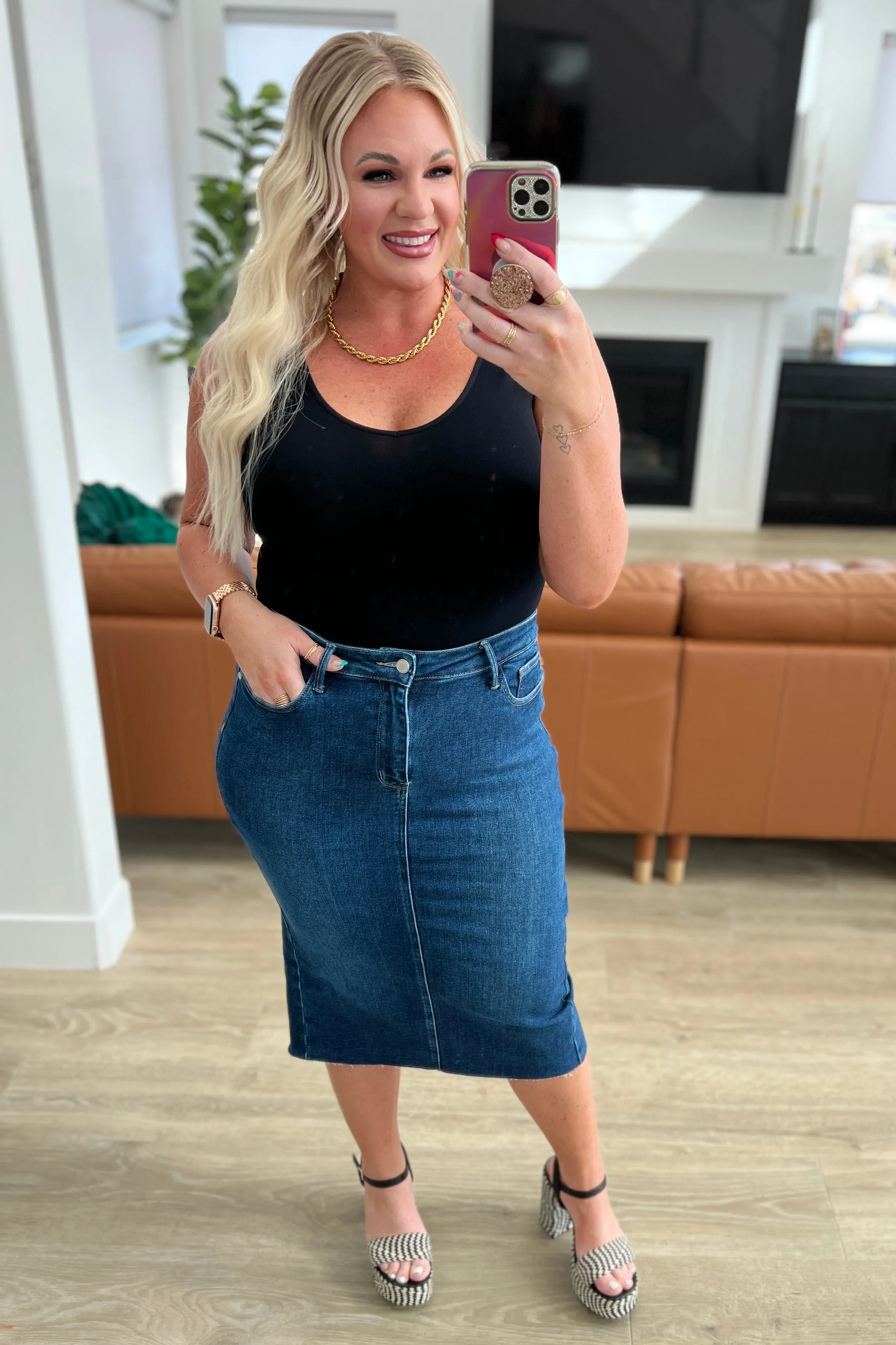 Marcy High Rise Denim Midi Skirt - JUDY BLUE