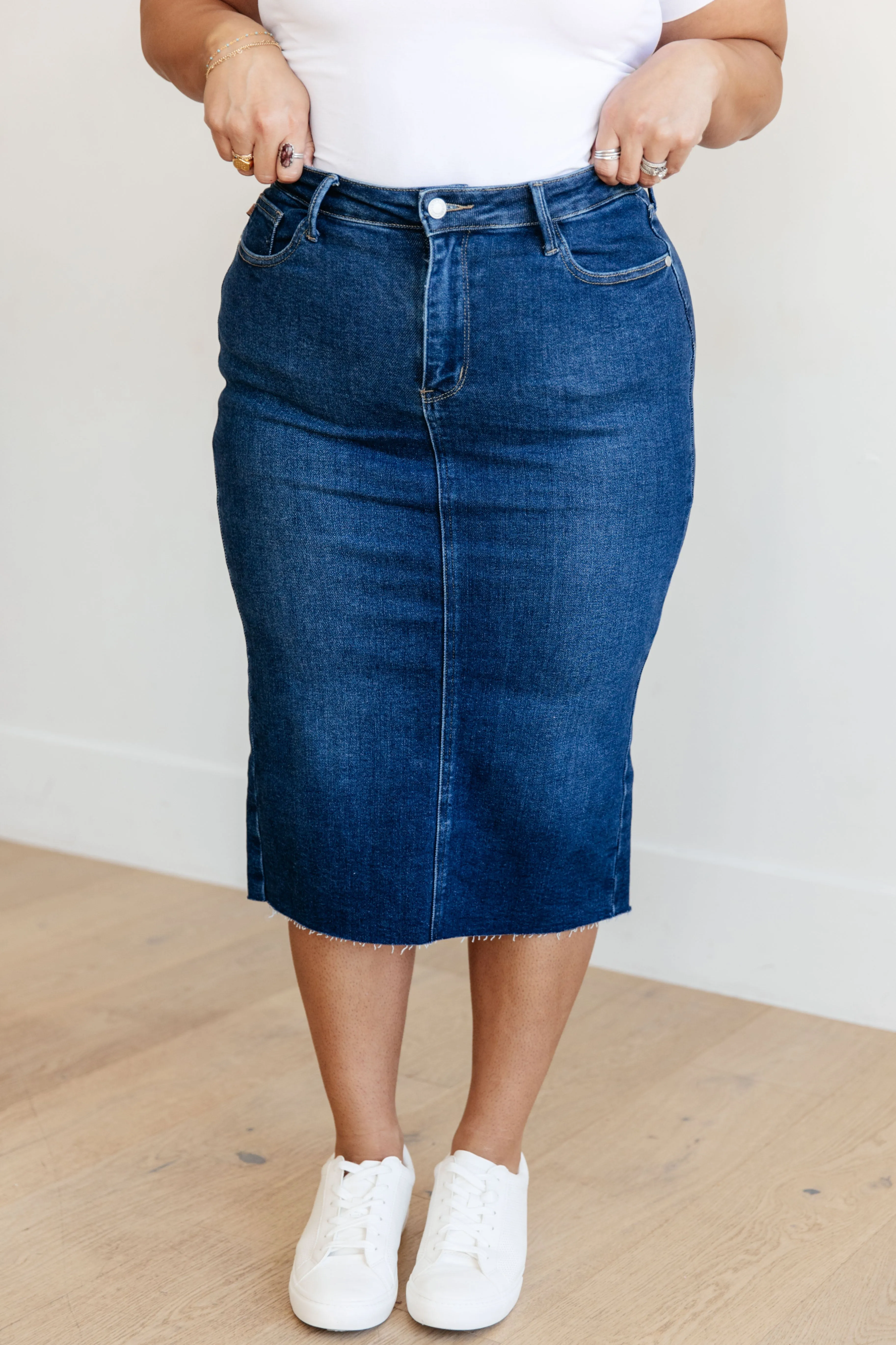 Marcy High Rise Denim Midi Skirt - JUDY BLUE