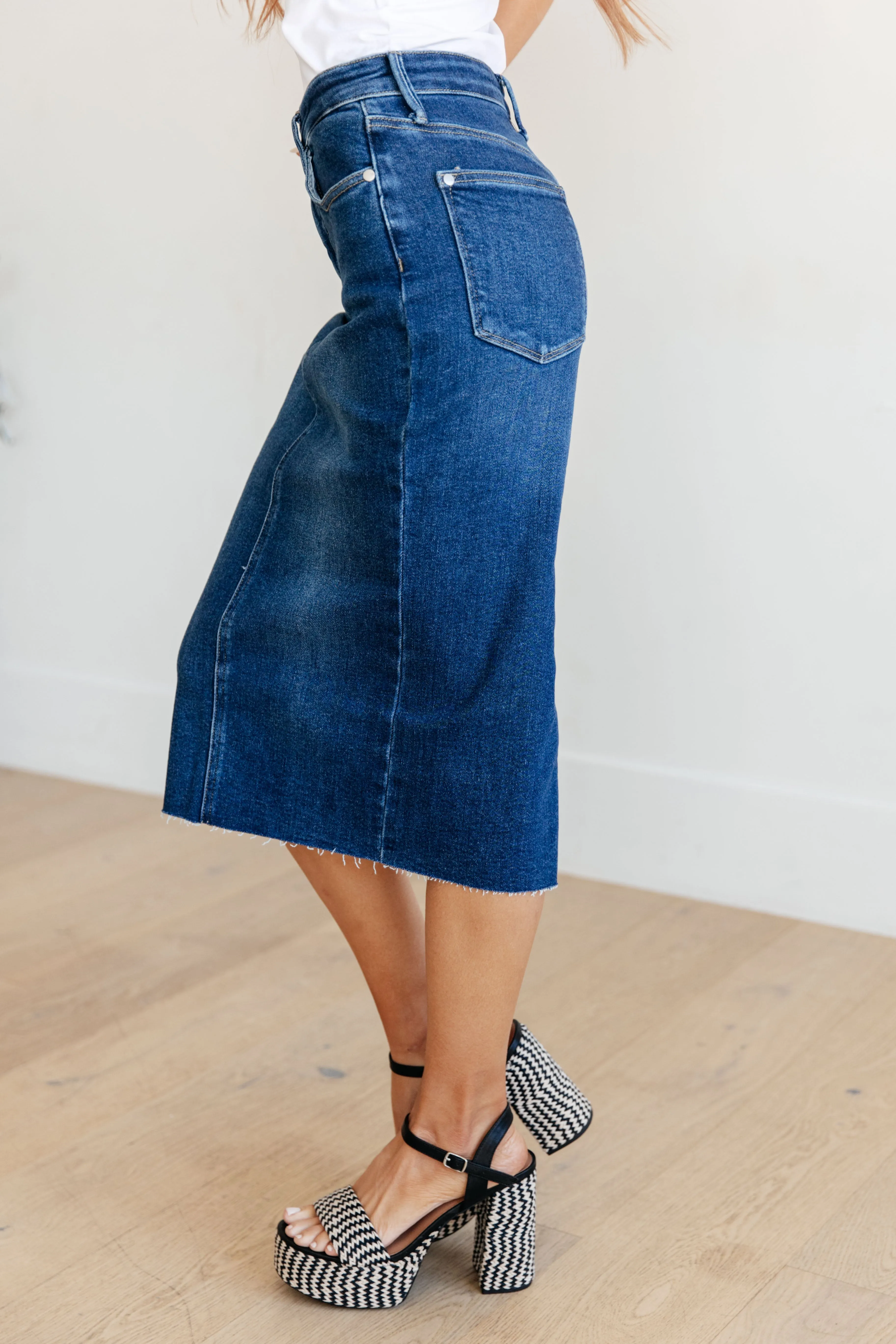 Marcy High Rise Denim Midi Skirt - JUDY BLUE