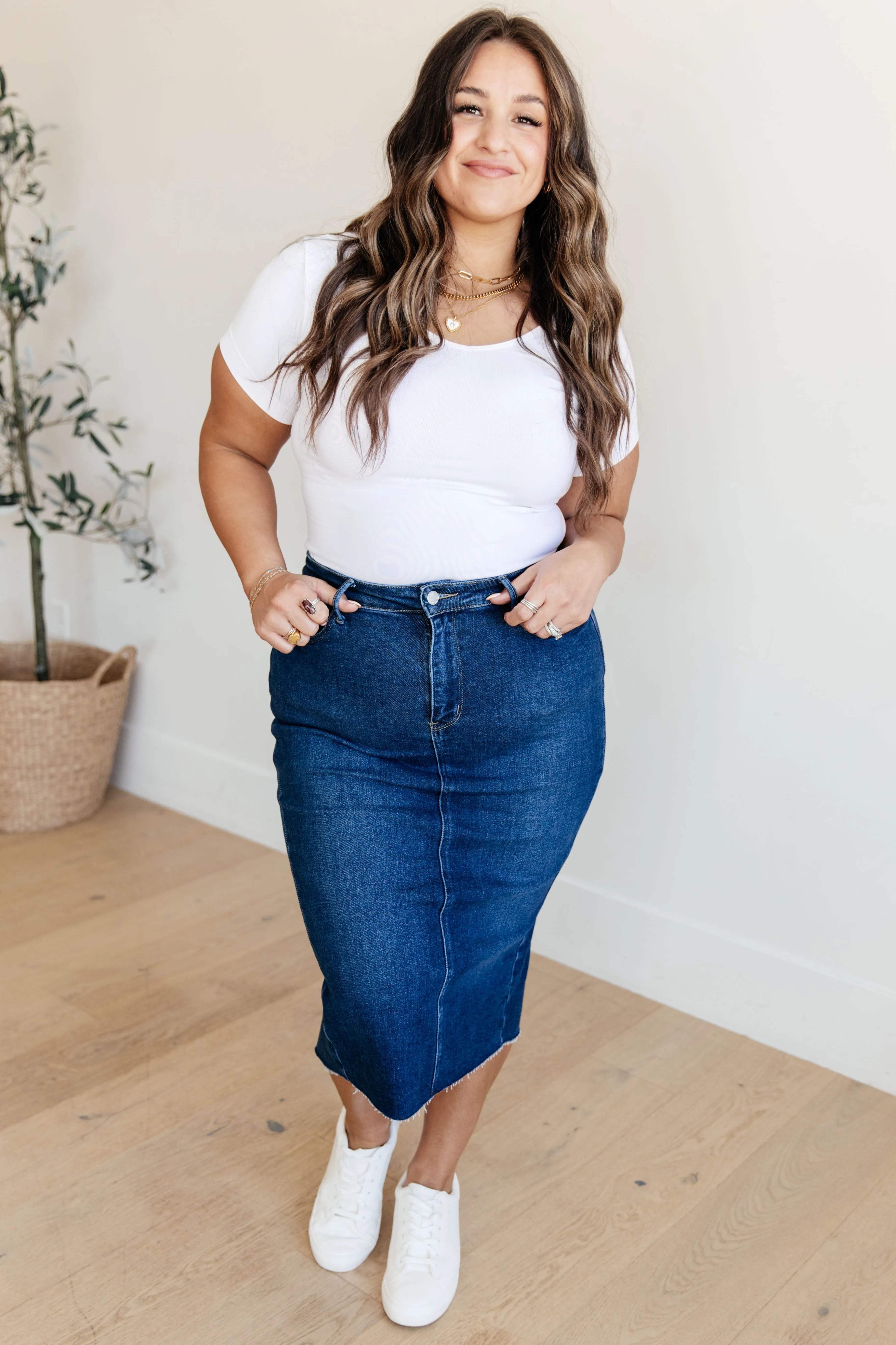 Marcy High Rise Denim Midi Skirt - JUDY BLUE