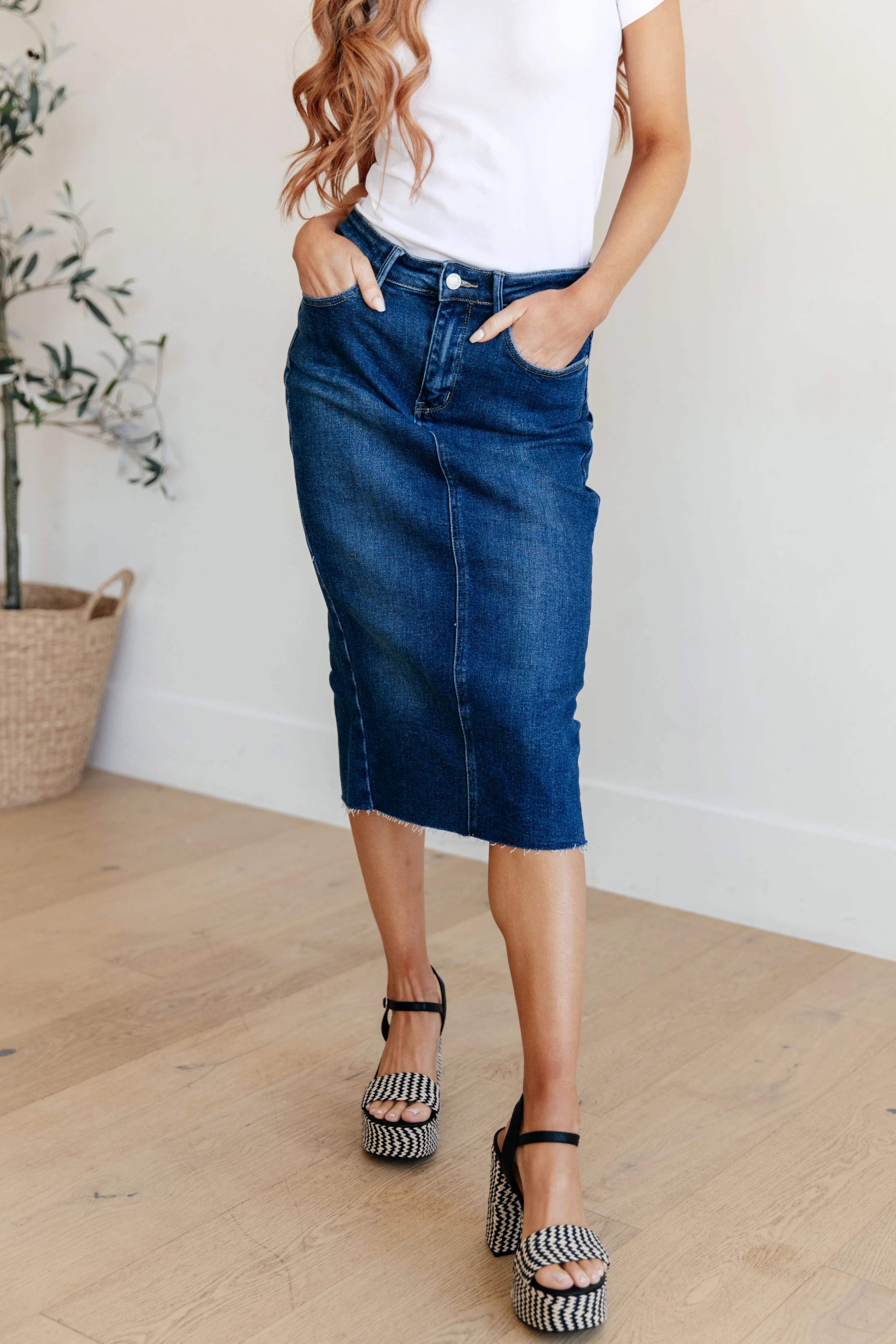 Marcy High Rise Denim Midi Skirt - JUDY BLUE