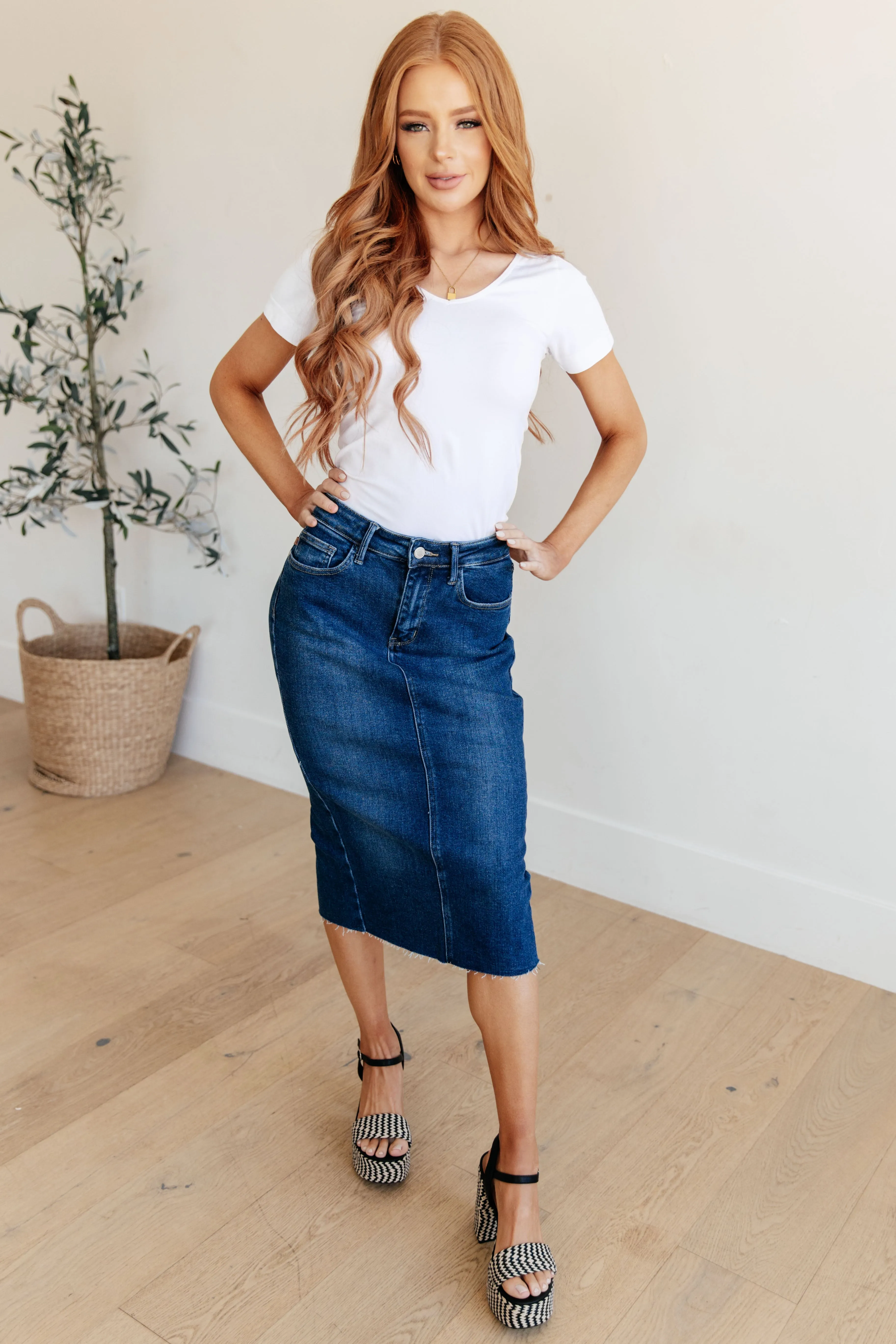 Marcy High Rise Denim Midi Skirt - JUDY BLUE