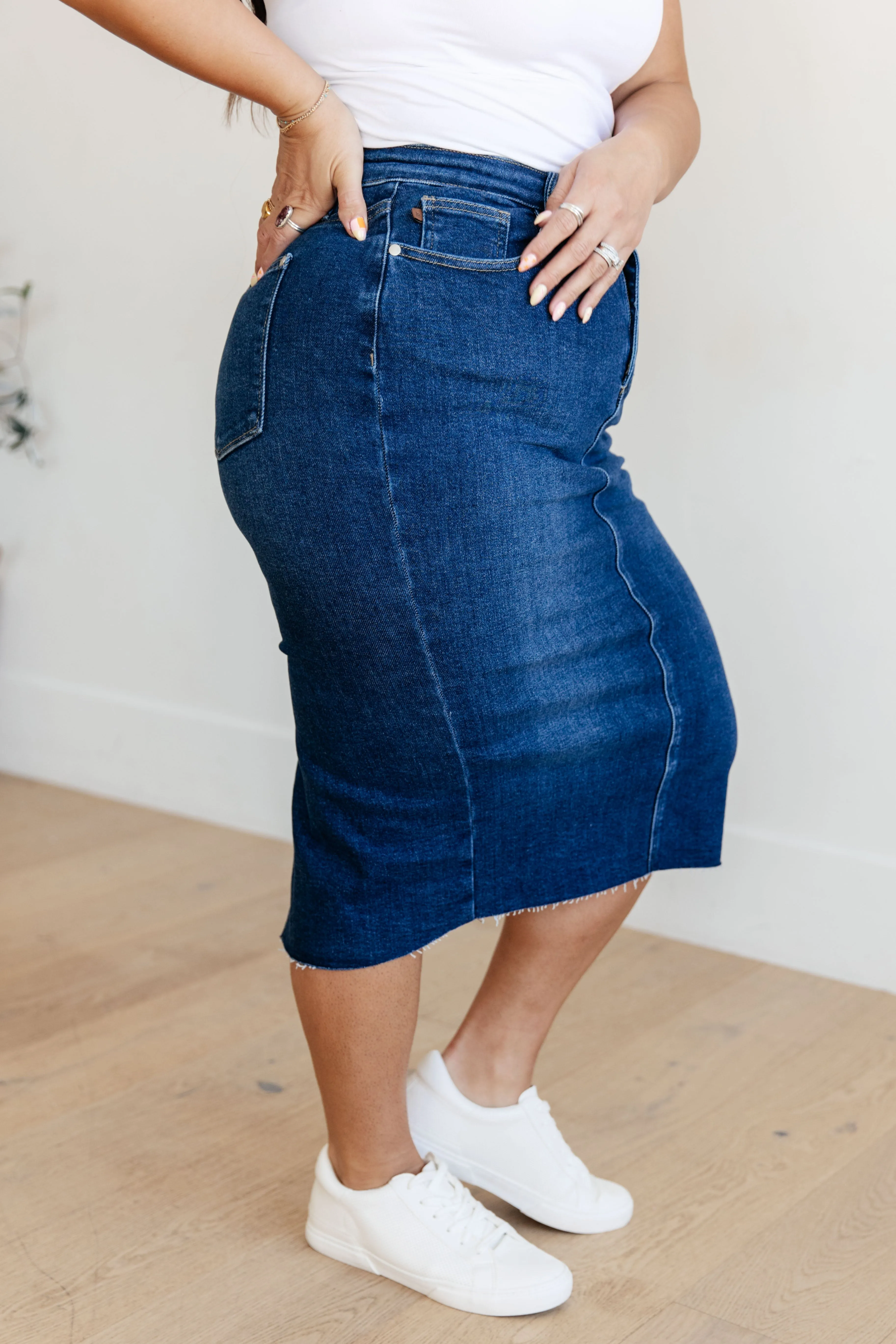 Marcy High Rise Denim Midi Skirt - JUDY BLUE