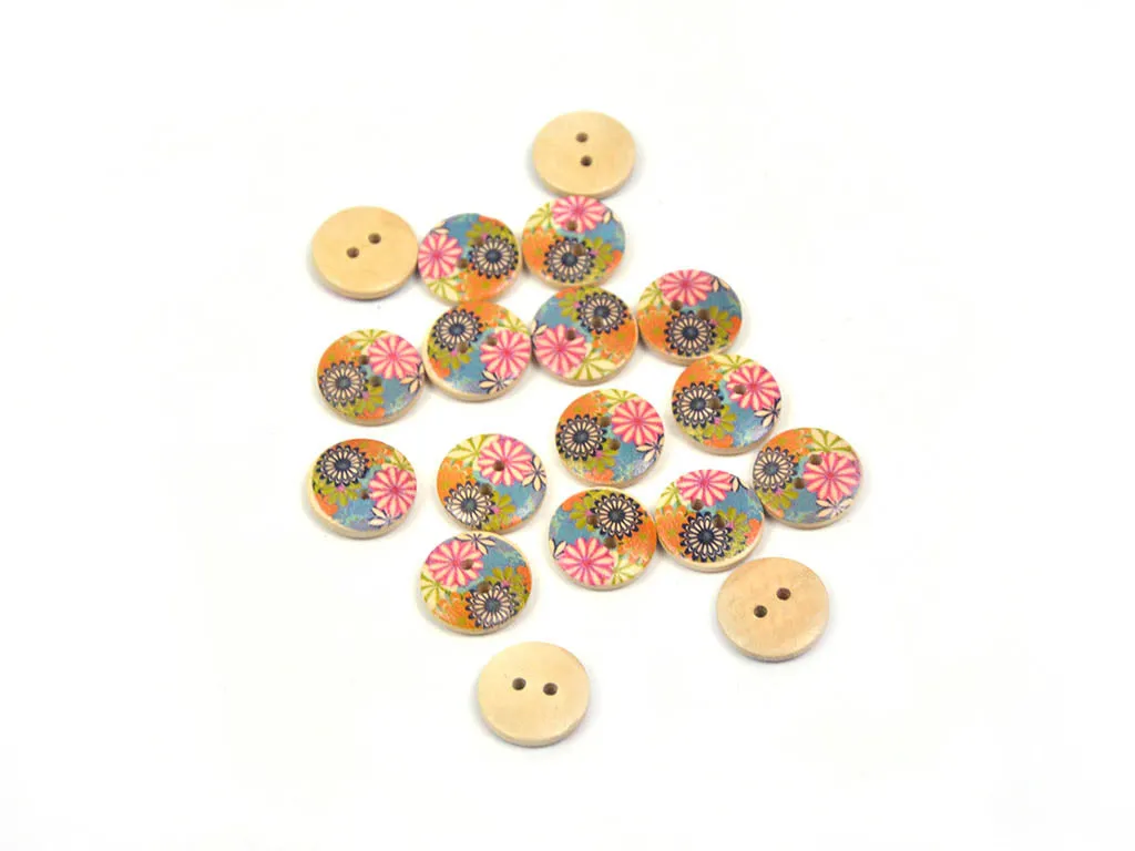 Multicolour Pink Floral Printed 2 Hole Wooden Buttons