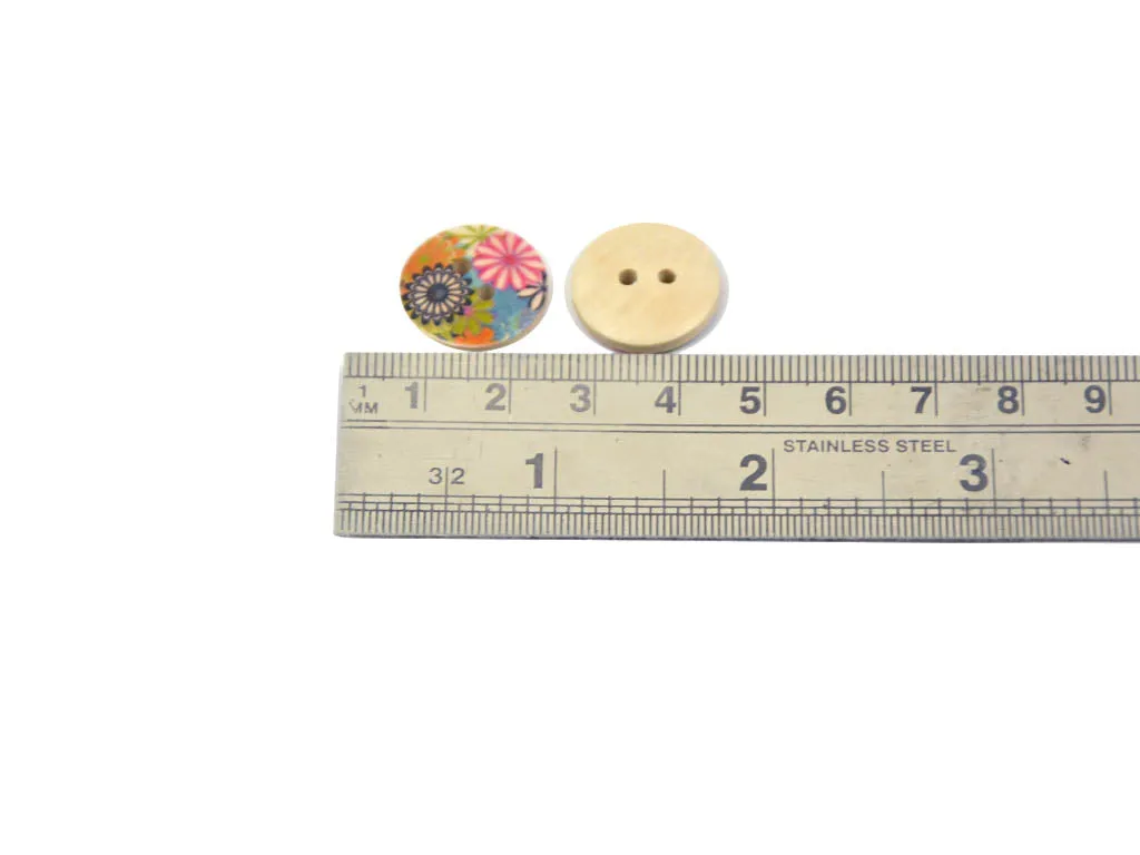 Multicolour Pink Floral Printed 2 Hole Wooden Buttons