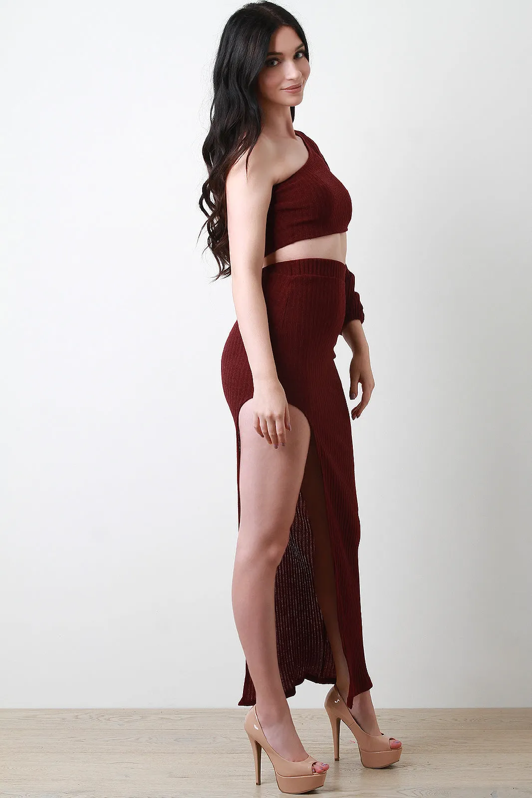 One Shoulder Bishop-Sleeve Crop Top With Slit Maxi Skirt Two Piece Set