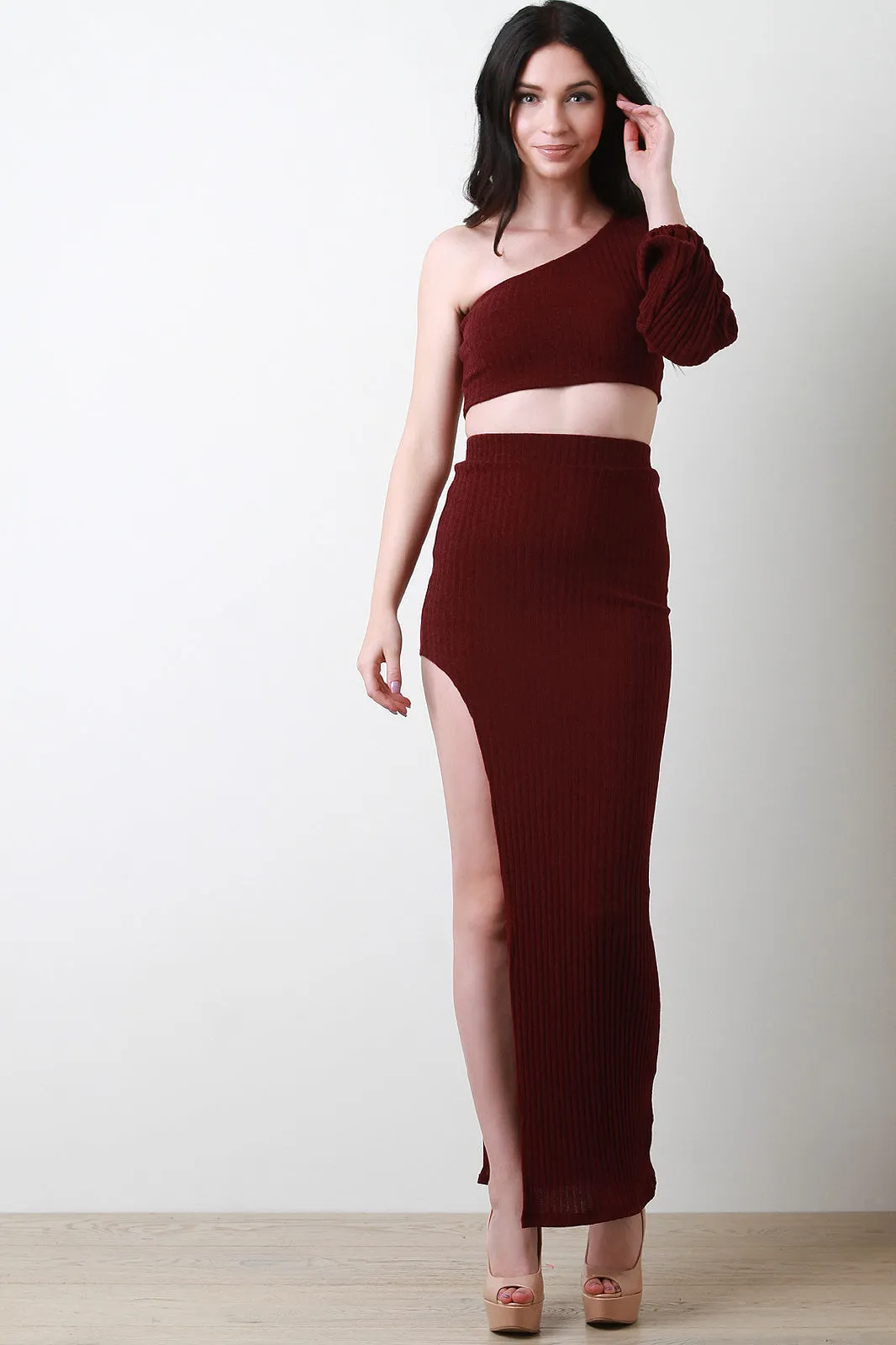 One Shoulder Bishop-Sleeve Crop Top With Slit Maxi Skirt Two Piece Set