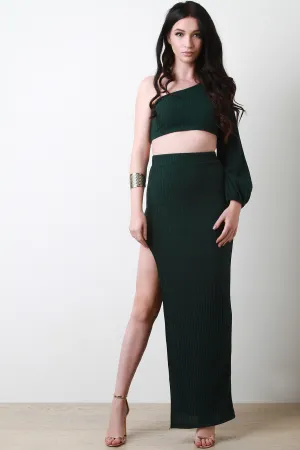 One Shoulder Bishop-Sleeve Crop Top With Slit Maxi Skirt Two Piece Set