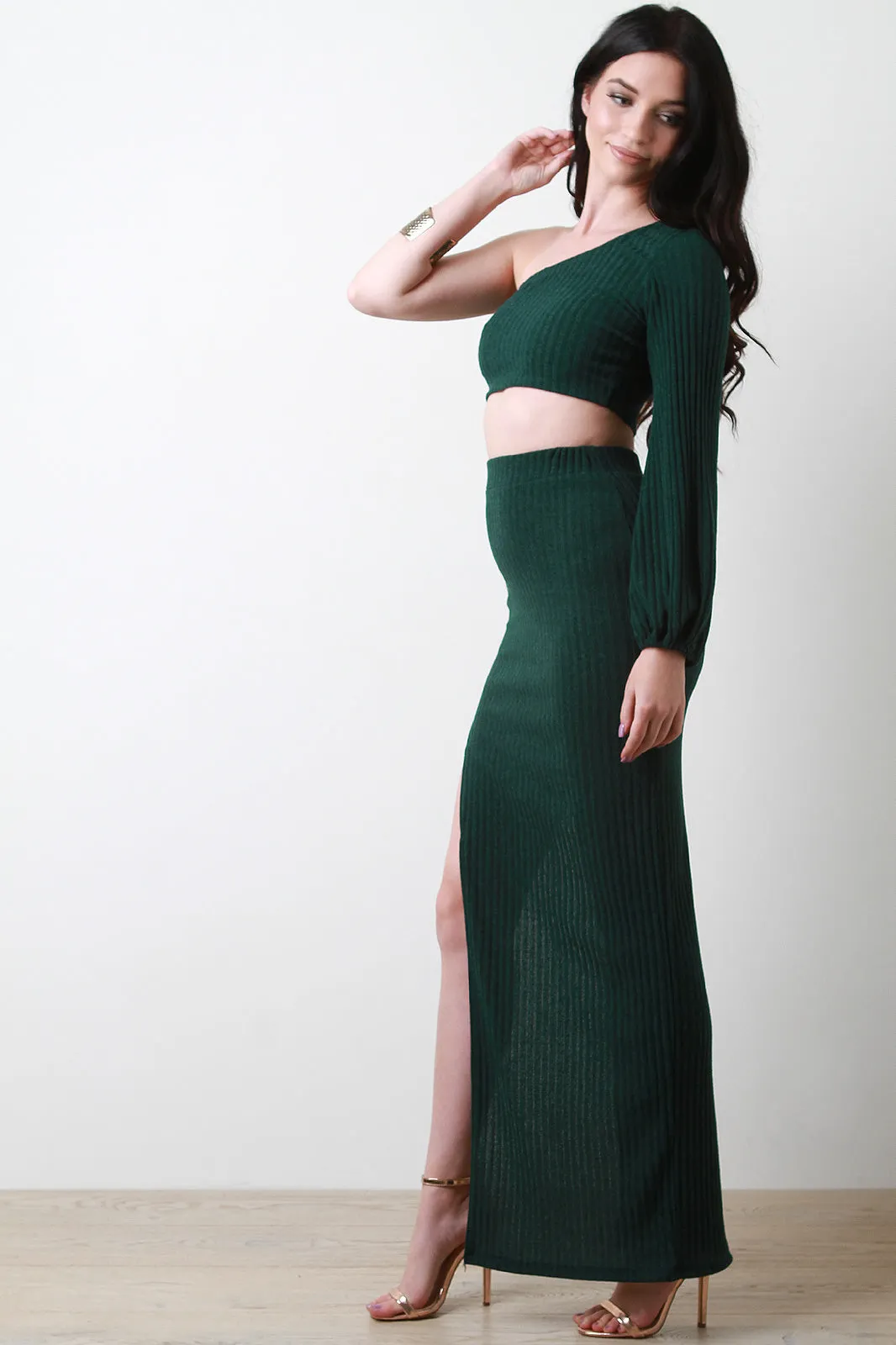 One Shoulder Bishop-Sleeve Crop Top With Slit Maxi Skirt Two Piece Set