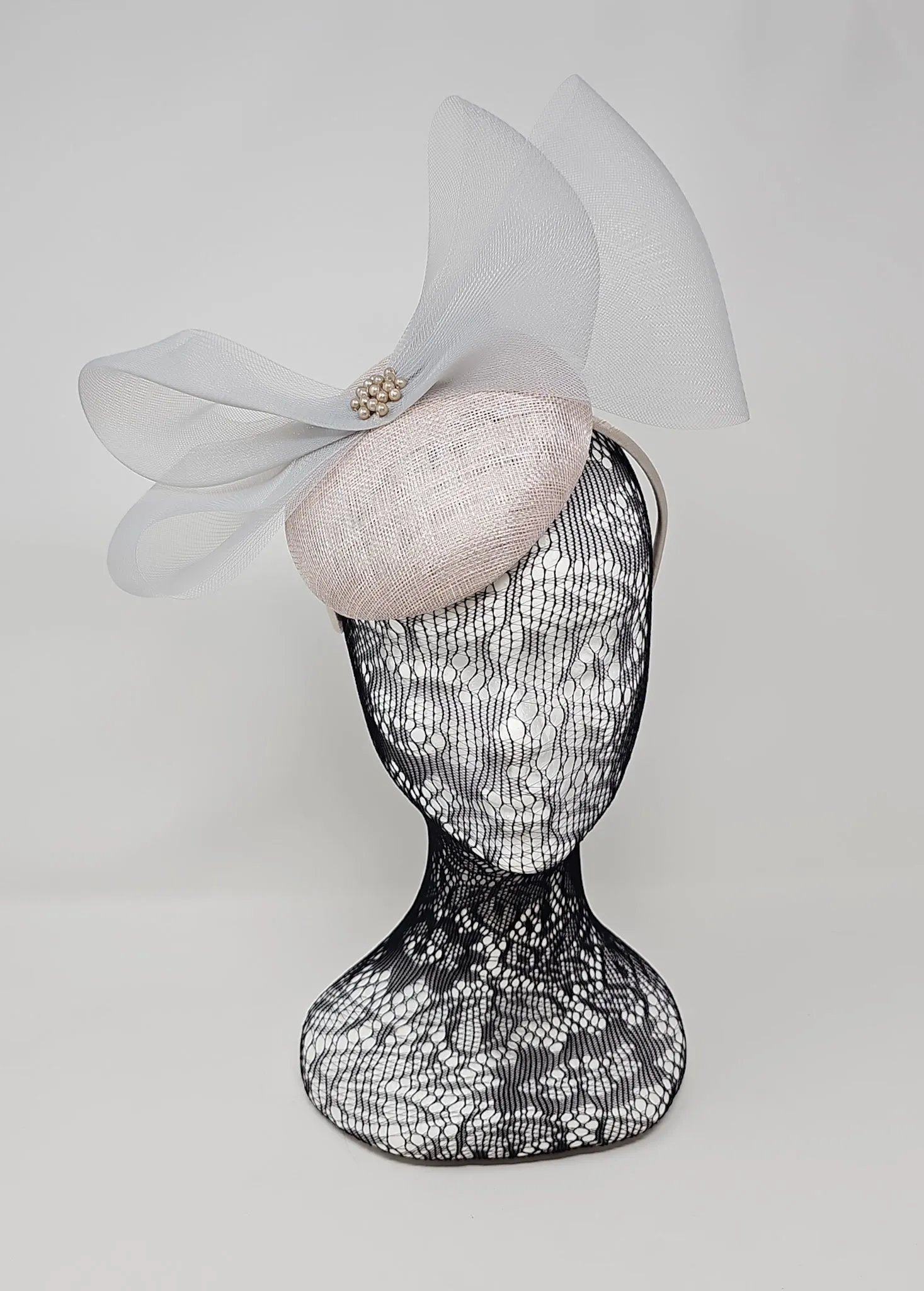 Pearl Silver Organza Bow Pillbox Fascinator