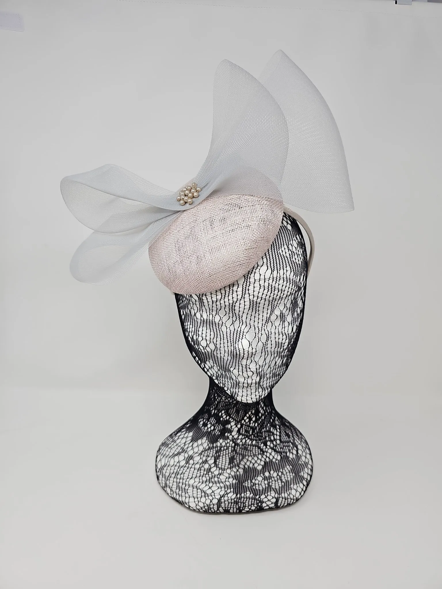 Pearl Silver Organza Bow Pillbox Fascinator
