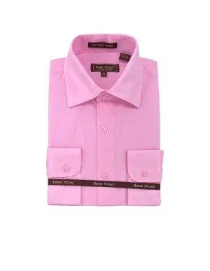Pink men's long sleeves dress shirt spread collar convertible cuff regular fit