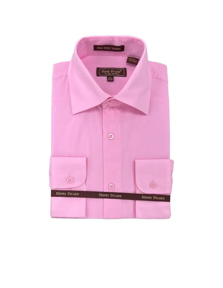 Pink men's long sleeves dress shirt spread collar convertible cuff regular fit