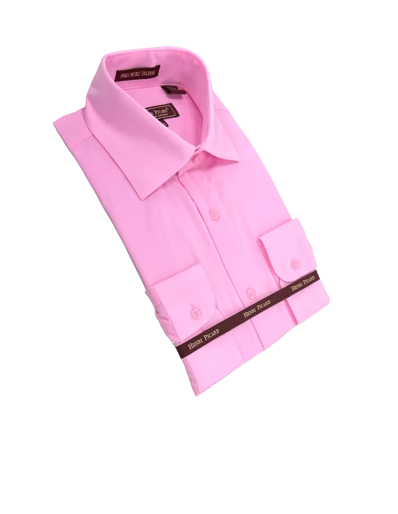 Pink men's long sleeves dress shirt spread collar convertible cuff regular fit