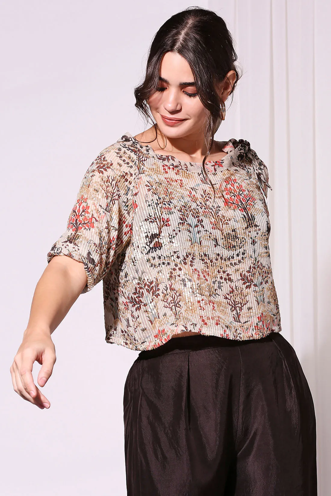 Printed Sequin Off-Shoulder Top Paired With Pants