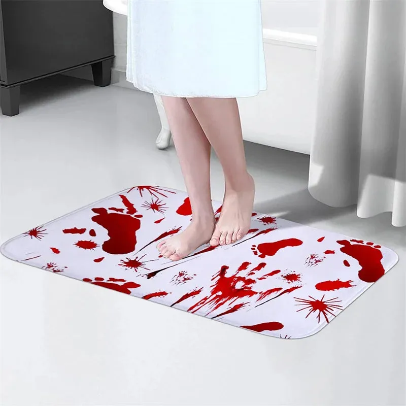 "Anti-Slip Absorbent Polyester Halloween Blood Footprint Door Mat - Perfect for Spooky Entrances and Bathrooms"