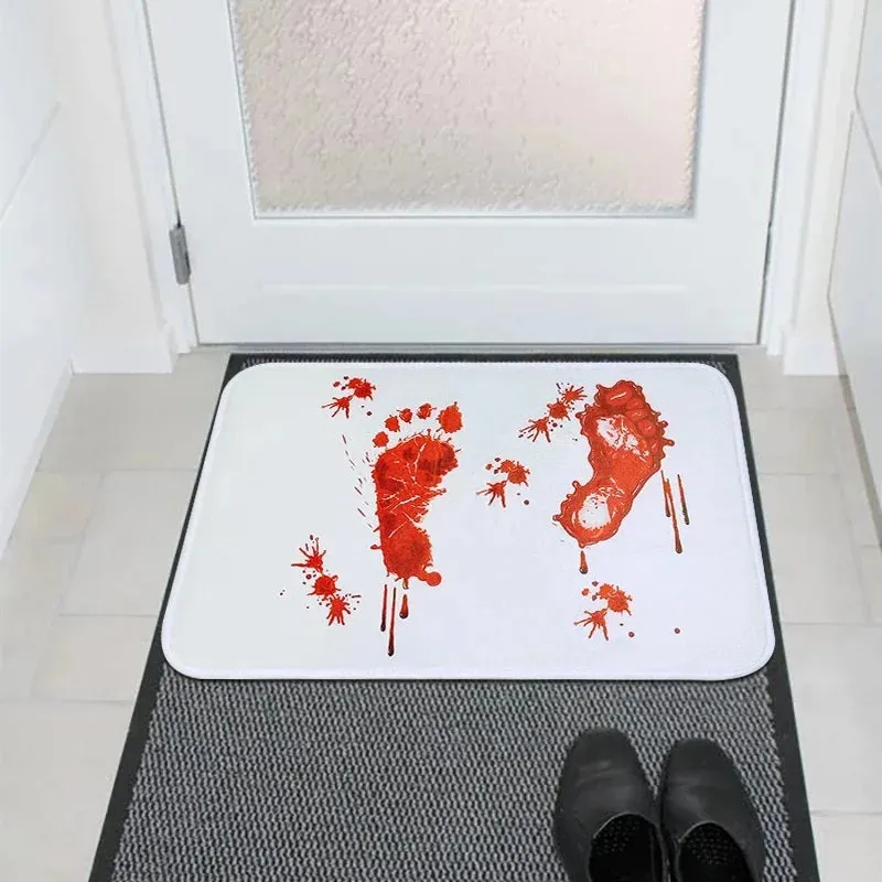 "Anti-Slip Absorbent Polyester Halloween Blood Footprint Door Mat - Perfect for Spooky Entrances and Bathrooms"