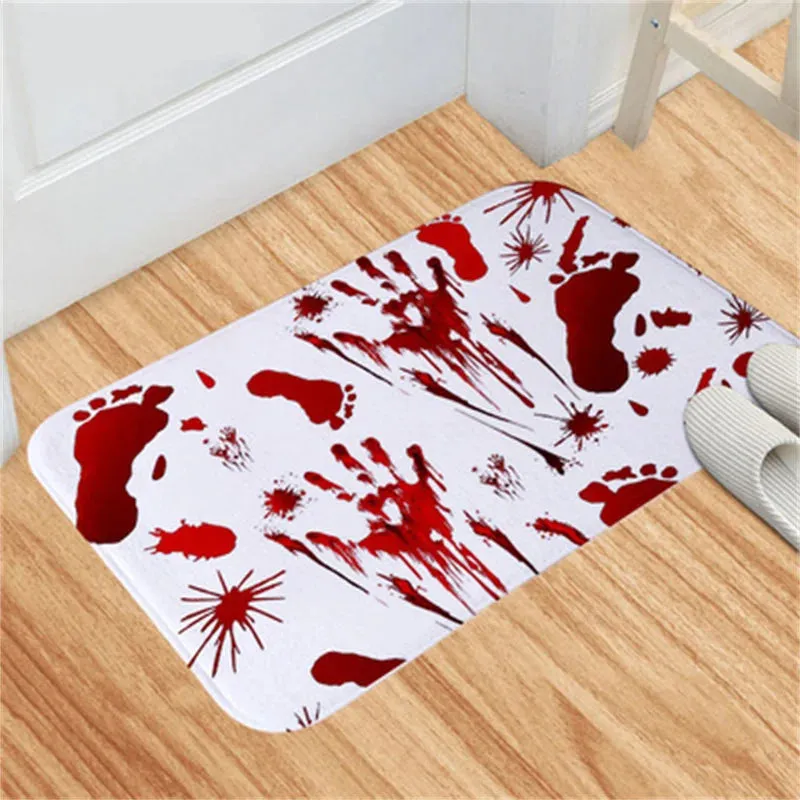 "Anti-Slip Absorbent Polyester Halloween Blood Footprint Door Mat - Perfect for Spooky Entrances and Bathrooms"