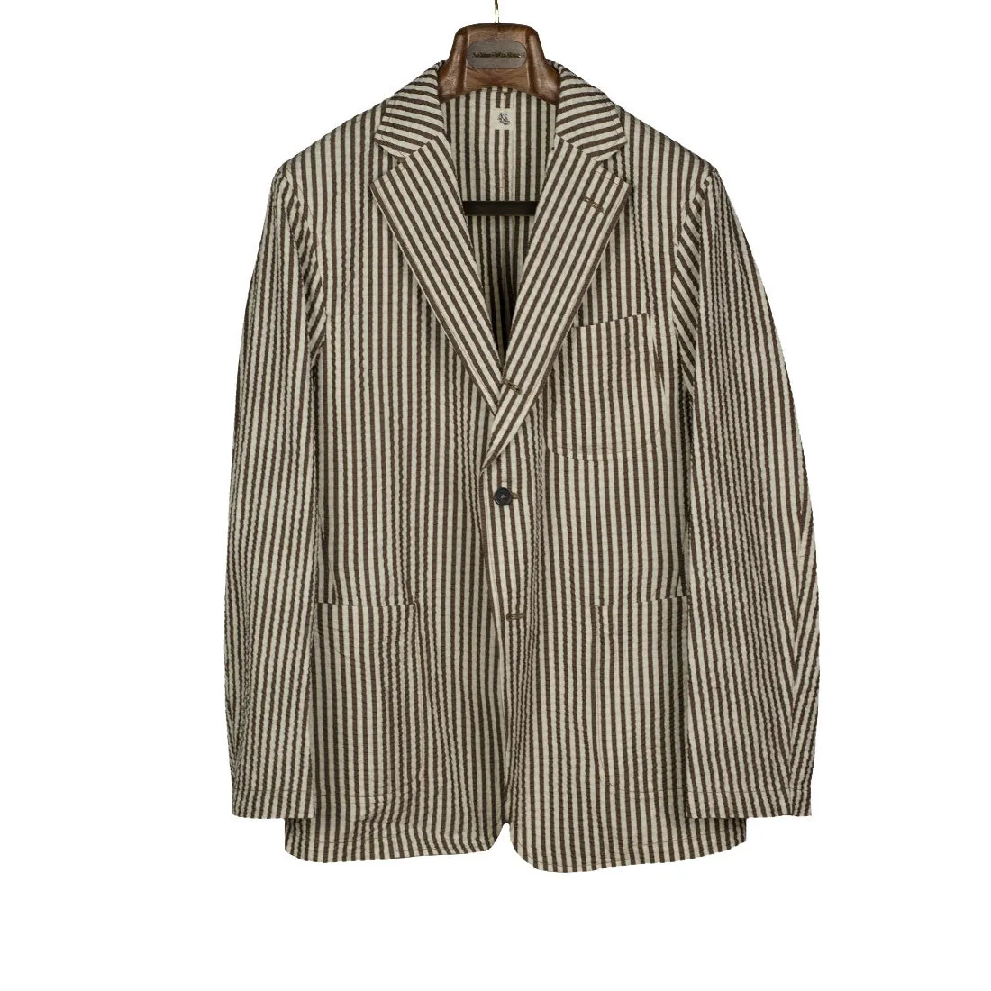 "Fieldwrap jacket" in brown and ivory cotton/silk seersucker (separates)