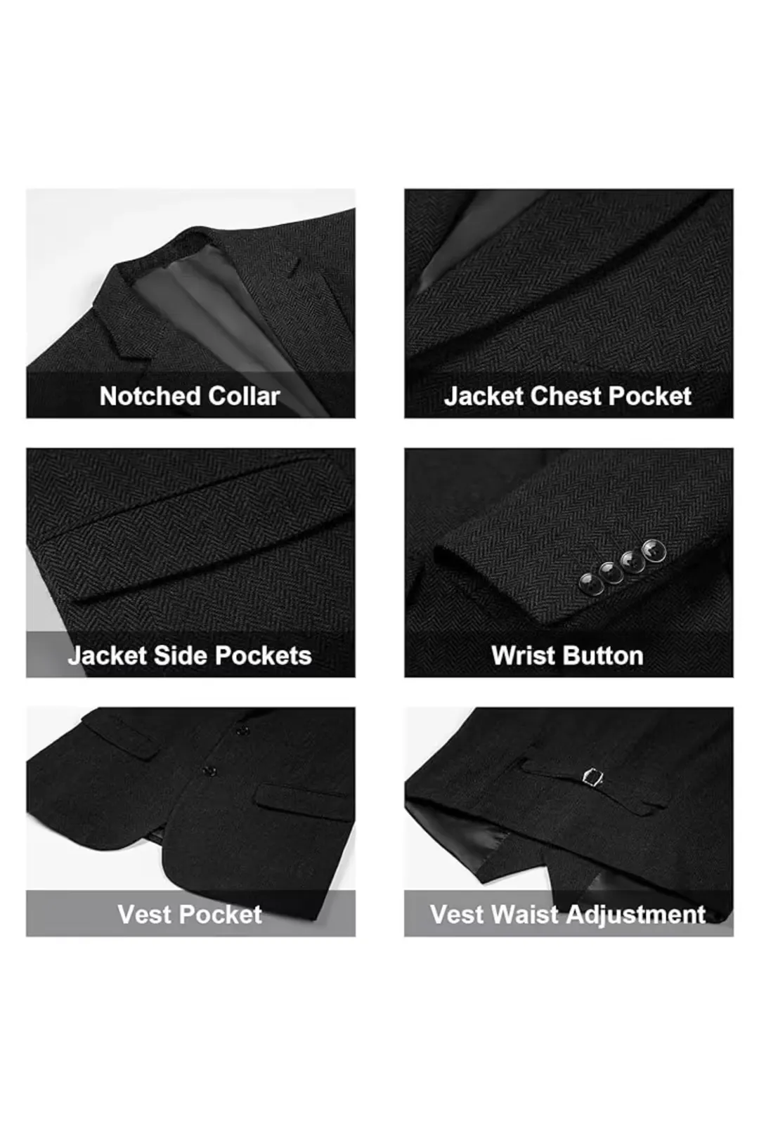 Retro Tweed Herringbone Slim Fit Notch Lapel Tuxedos Set Prom 3 Piece Men's Suit