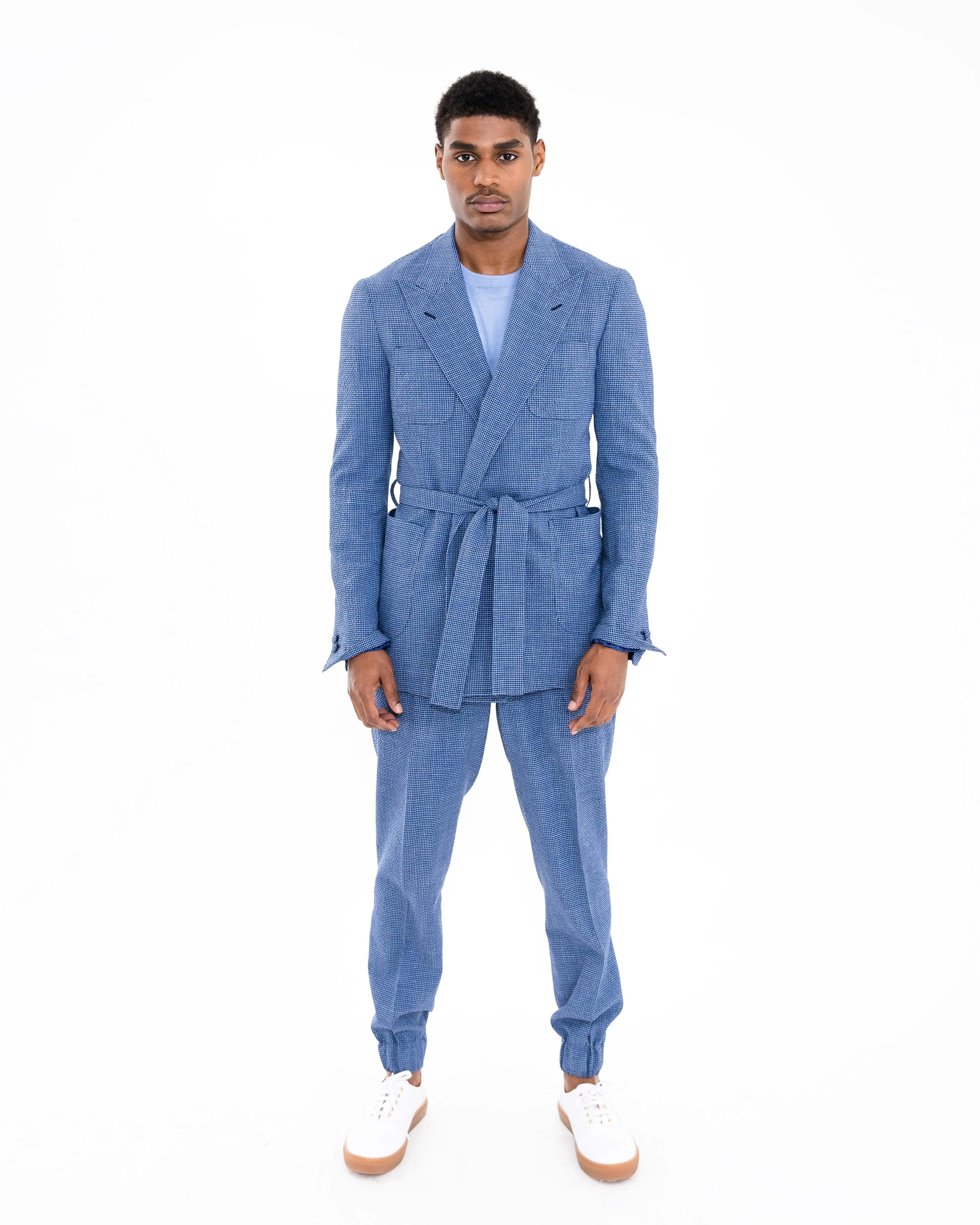 Santorini Blue “Benton Peak Lapels” Belted Seersucker Suit