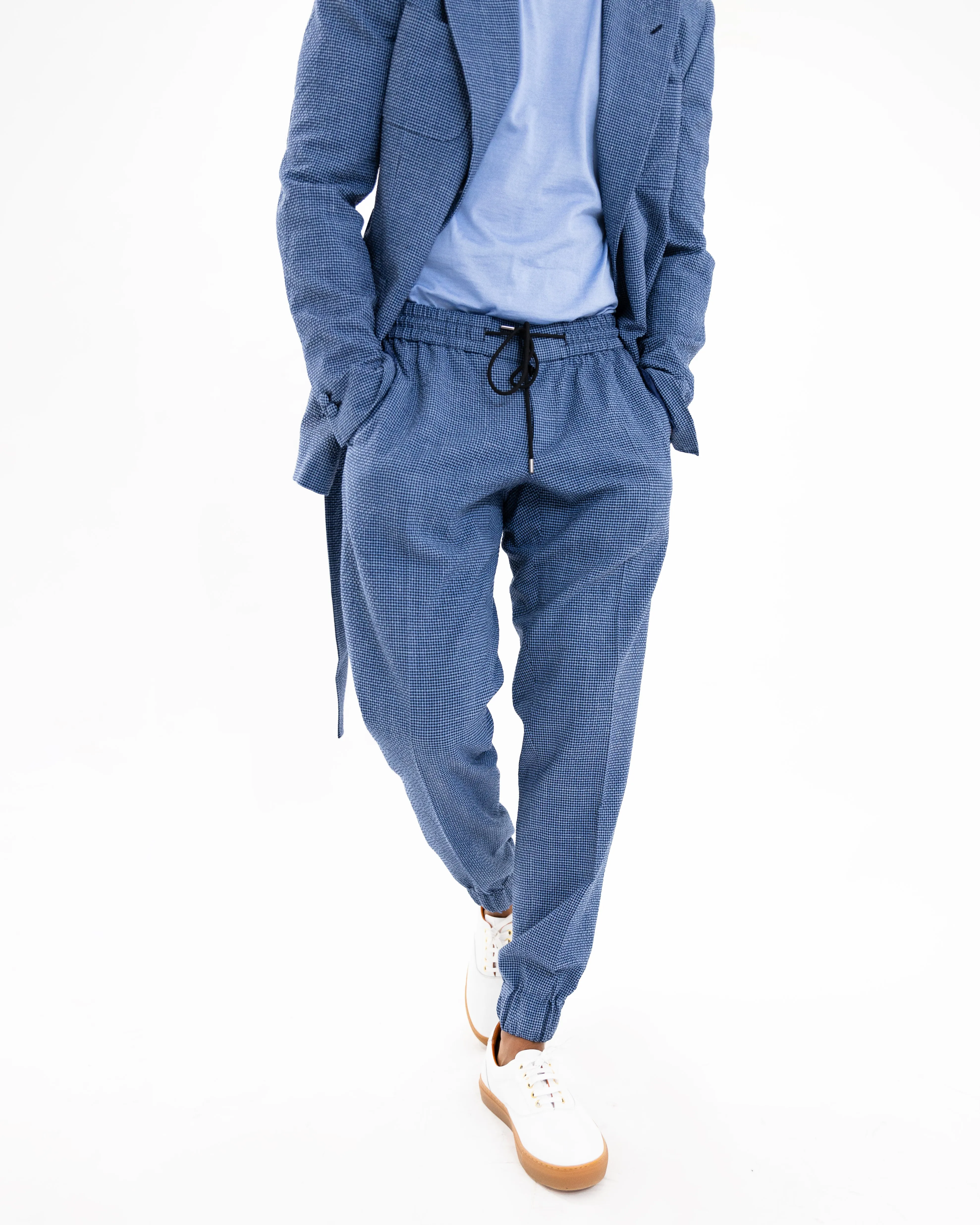 Santorini Blue “Benton Peak Lapels” Belted Seersucker Suit