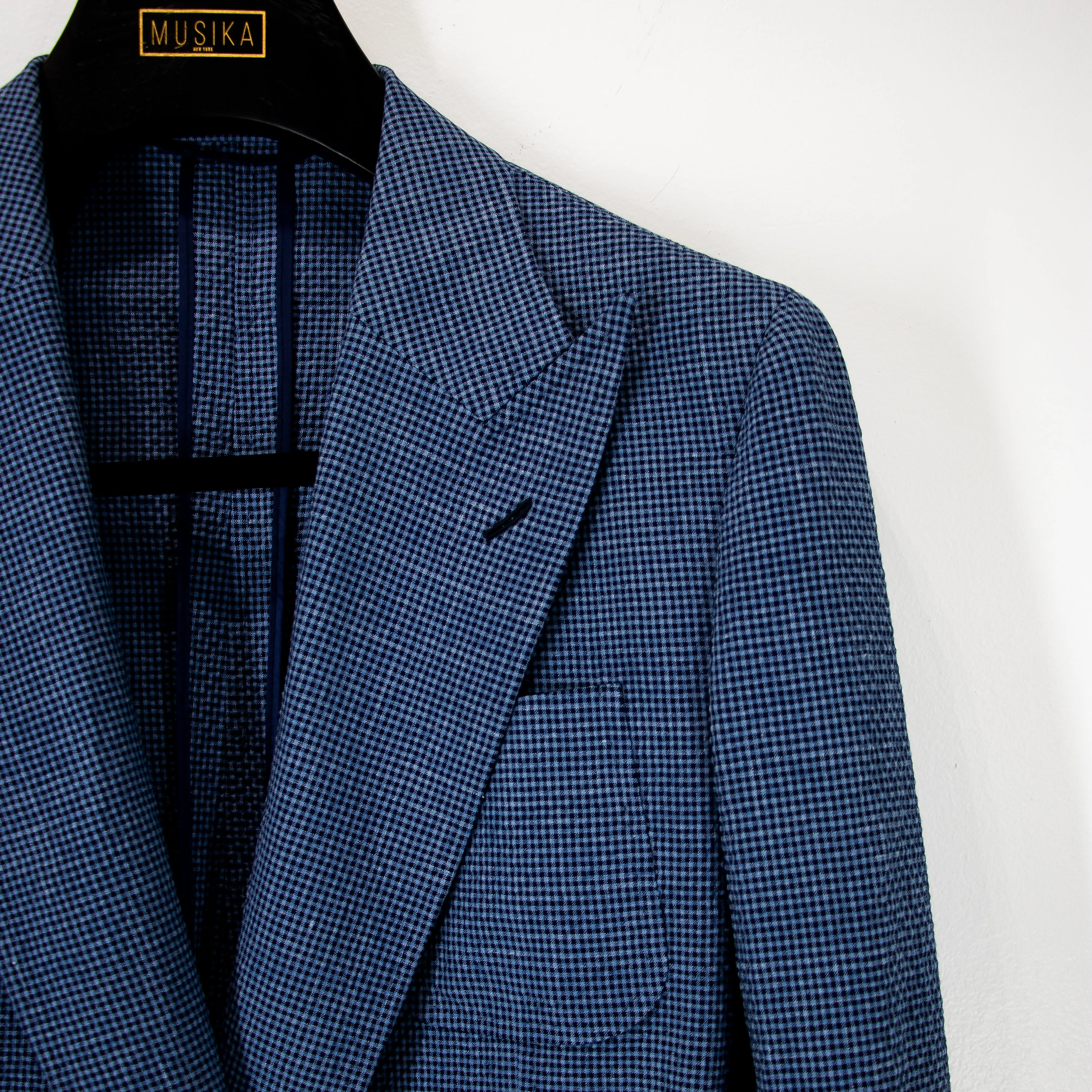 Santorini Blue “Benton Peak Lapels” Belted Seersucker Suit
