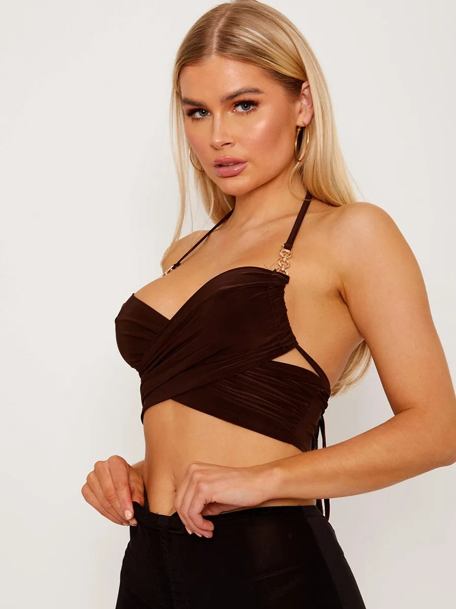 Shanya Cross Wrap Halter Crop Top with Chain Detail In Brown