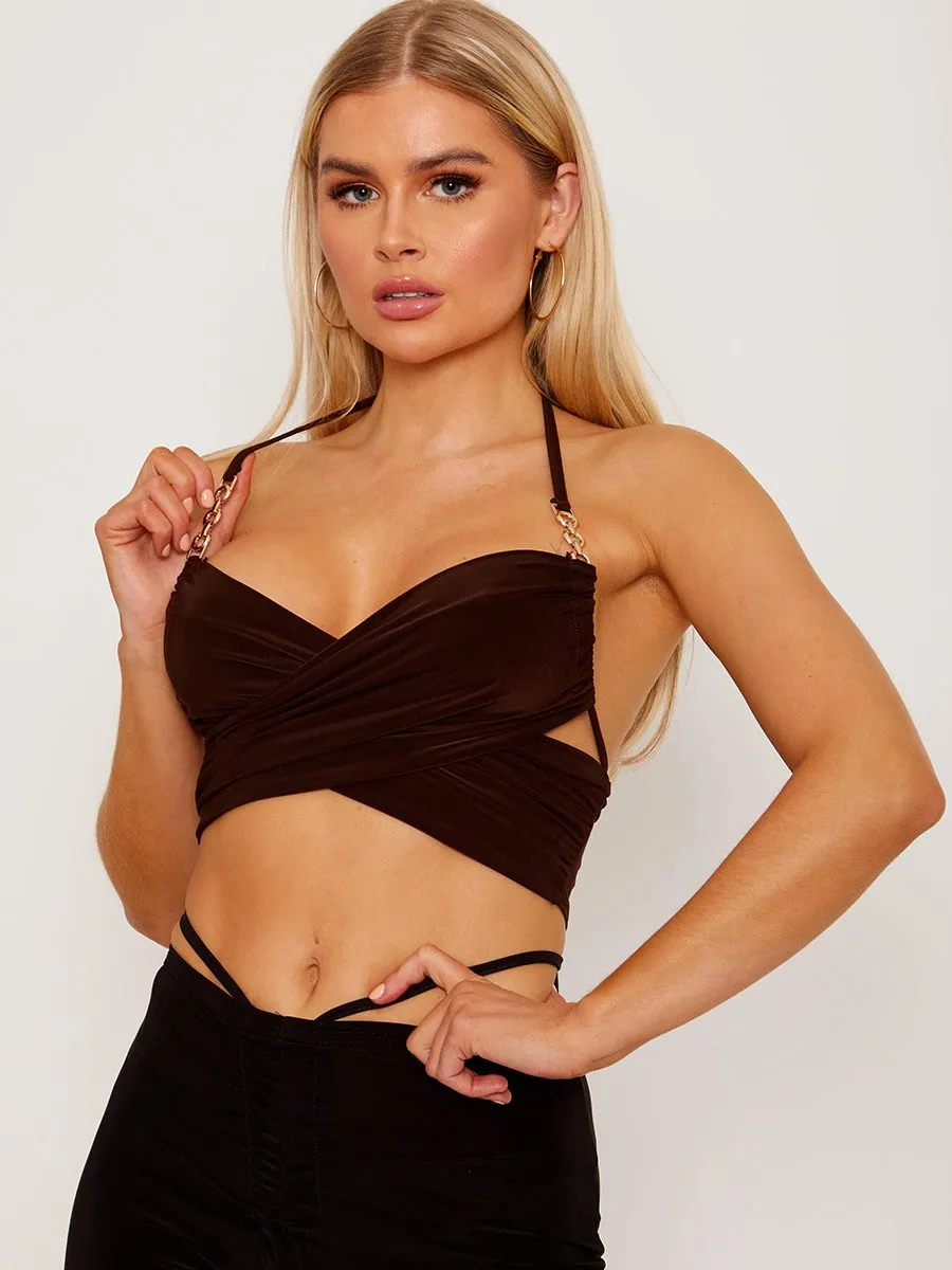 Shanya Cross Wrap Halter Crop Top with Chain Detail In Brown